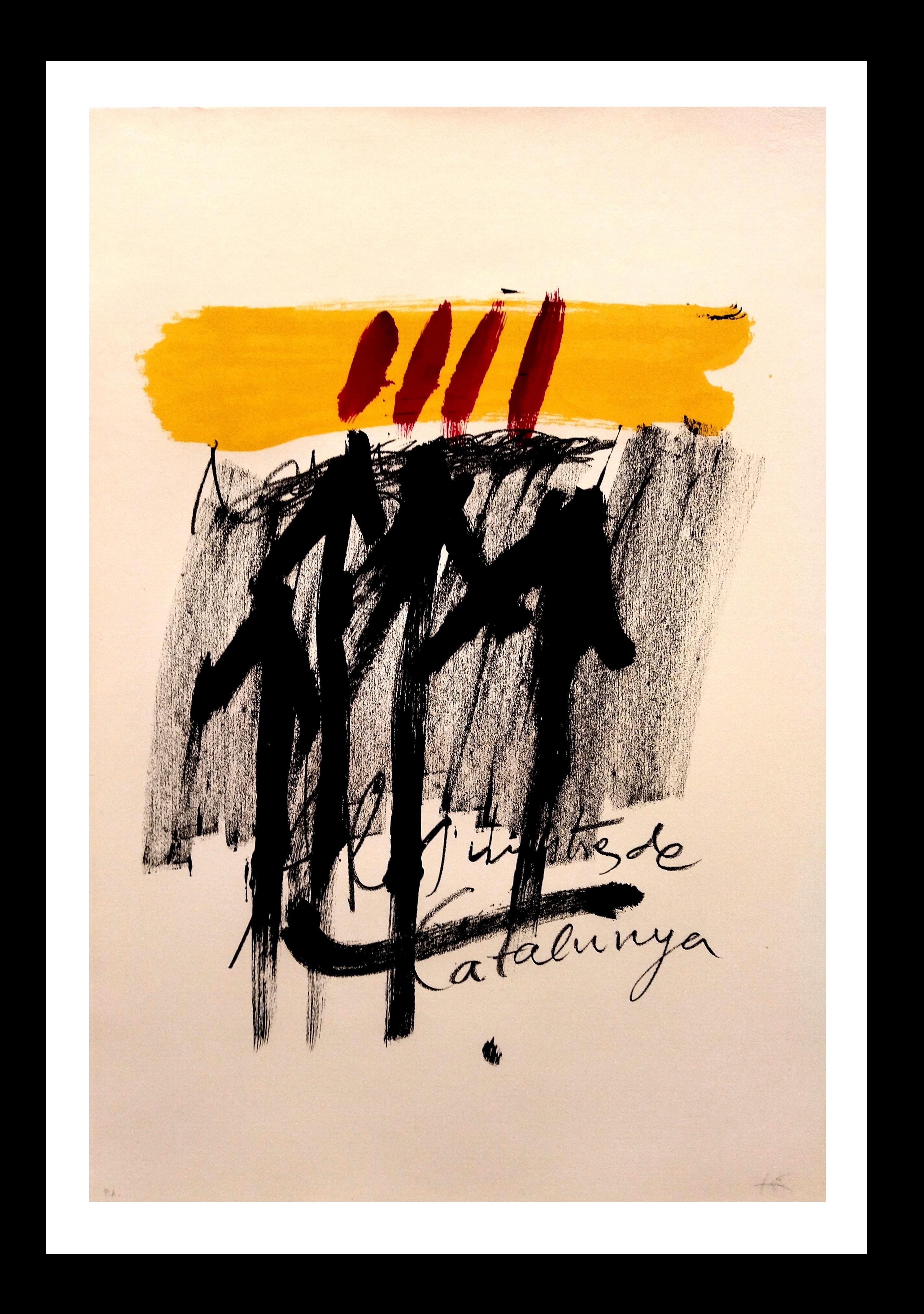 Abstract Print Antoni Tàpies - Tapies  Noir  Rouge  Jaune  Vertical  Peinture lithographie d'origine
