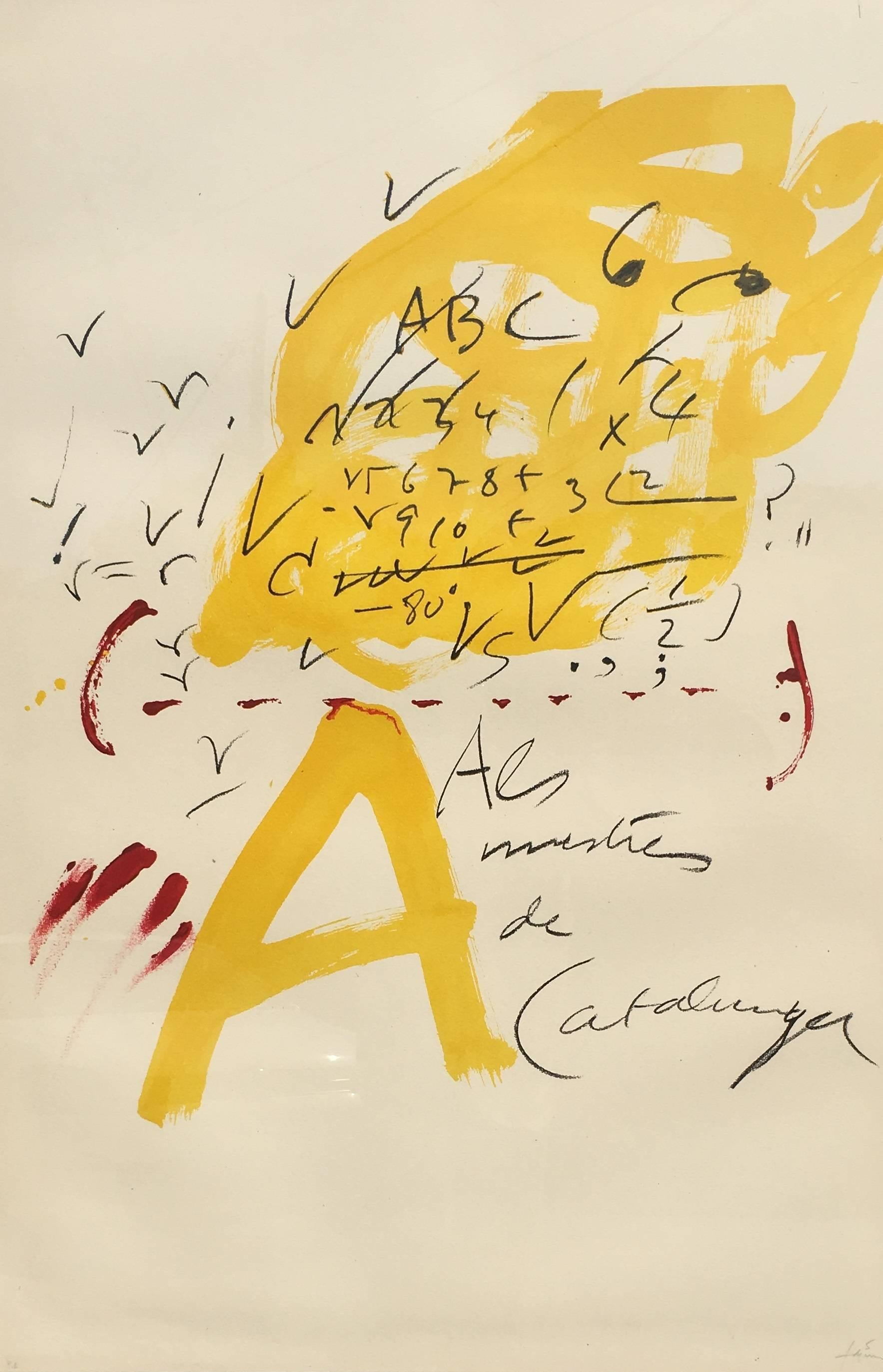 Tapies  Nero  Rosso  Giallo  Litografia originale verticale  1974 litografia - Print Astratto di Antoni Tàpies