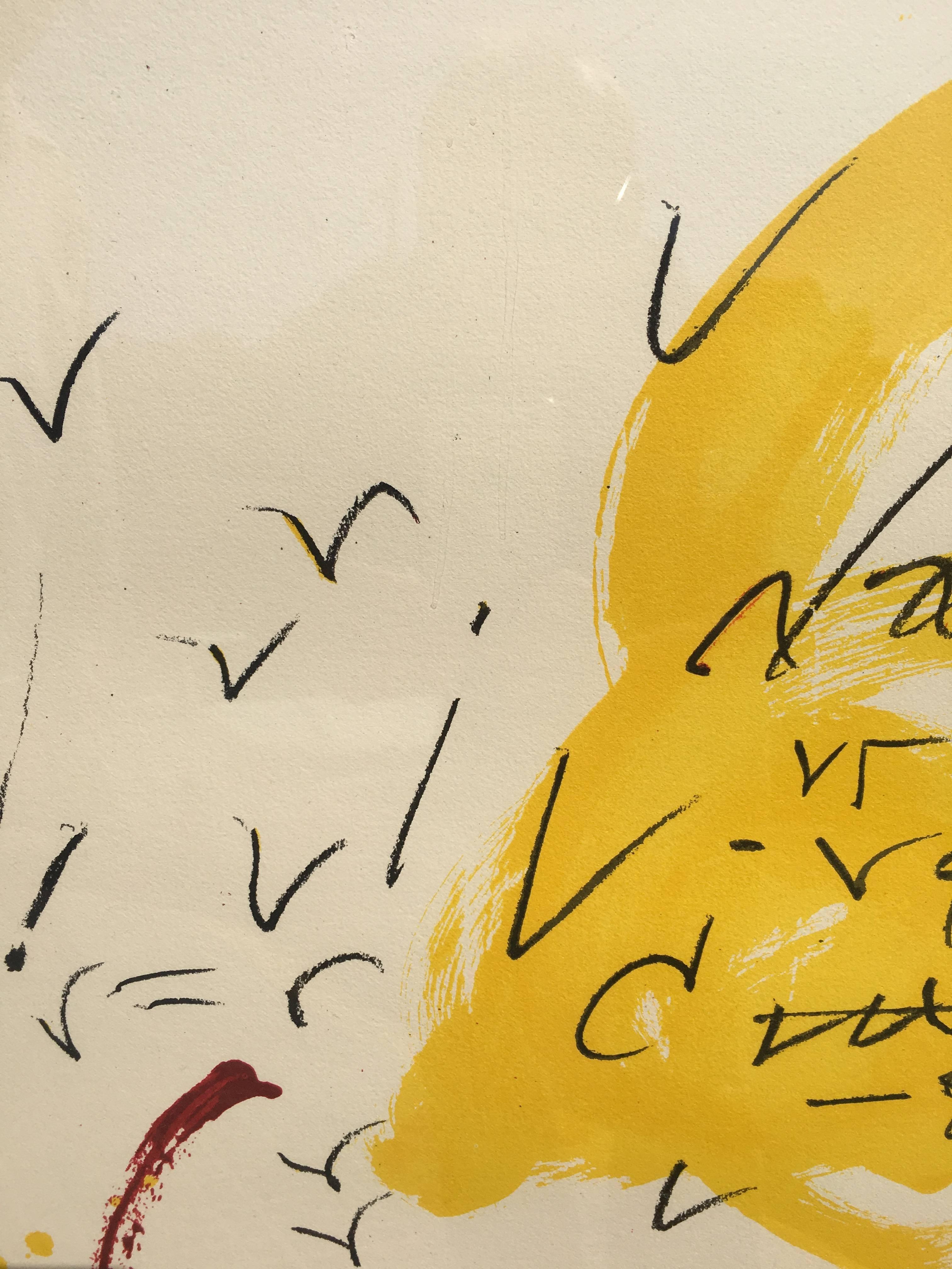 Tapies  Black  Red  Yellow  Vertical original lithography  1974 lithograph - Orange Abstract Print by Antoni Tàpies