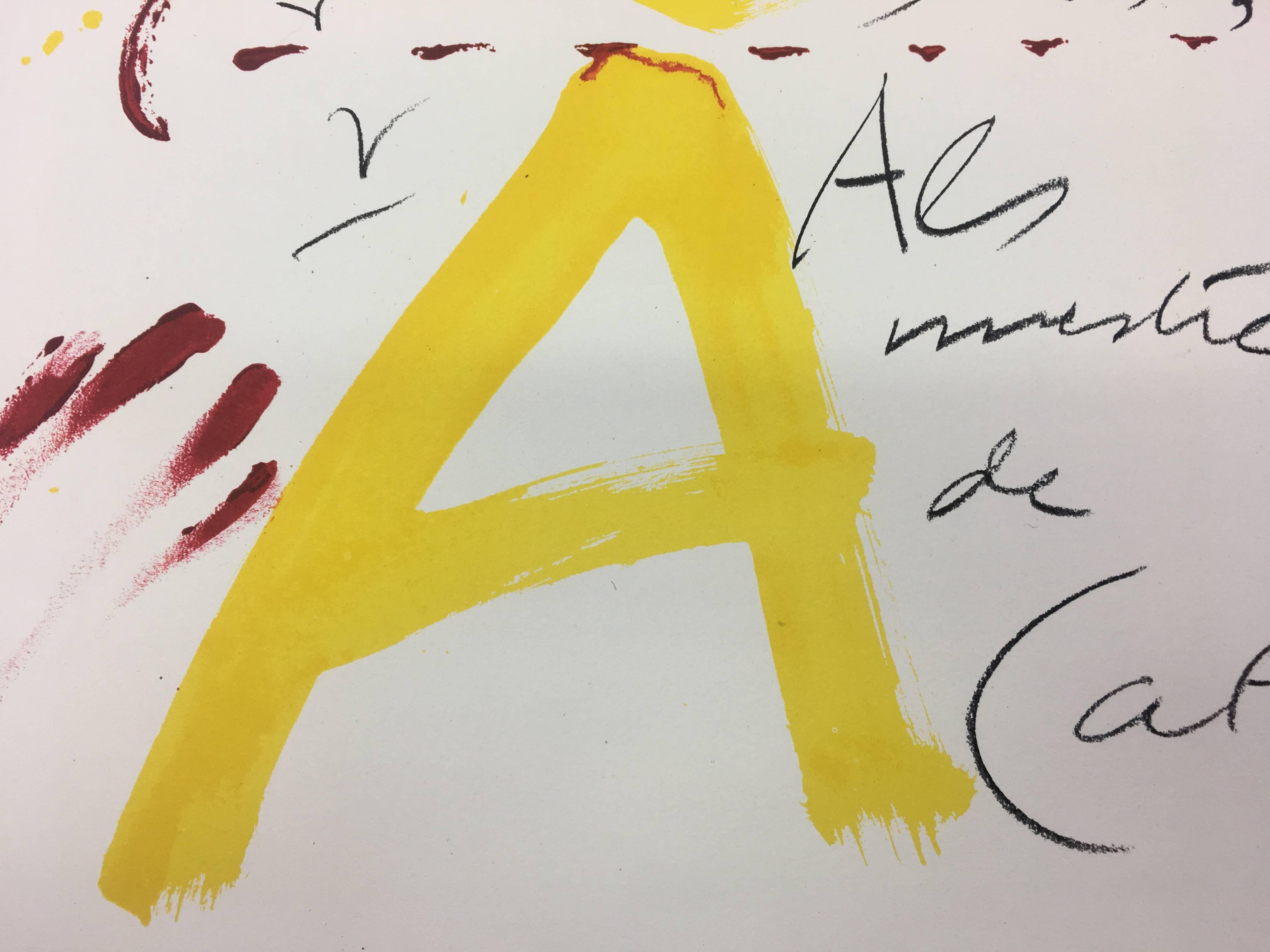 Tapies  Black  Red  Yellow  Vertical original lithography  1974 lithograph For Sale 2