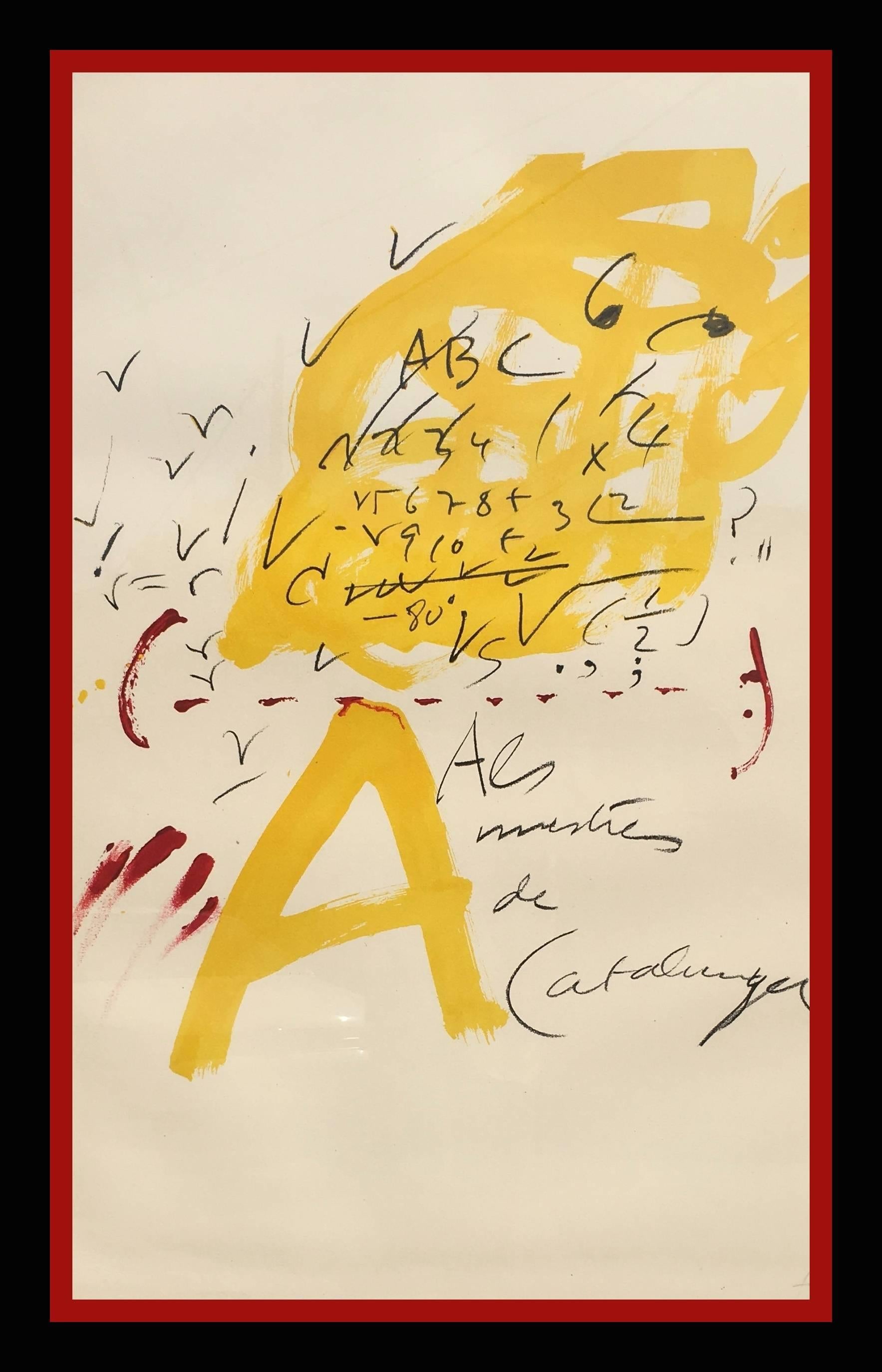 Abstract Print de Antoni Tàpies - Tapies  Negro  Rojo  Amarillo  Litografía original vertical  1974 litografía