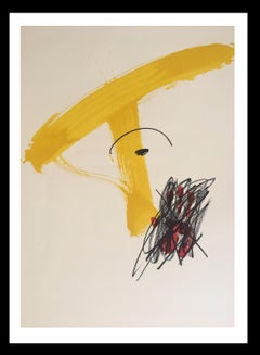 Tapies Noir Jaune Vertical. Peinture de lithographie originale de 1974