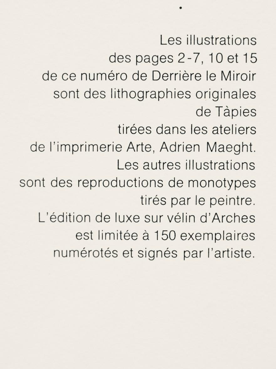 Litografía sobre papel vélin. Inscripción: Sin firmar y sin numerar, tal como se emitió. Buen estado, con pliegue central, tal como se publicó. Notas: De Derrière le miroir, nº 210, 1974. Publicado por Aimé Maeght, Éditeur, París; impreso por