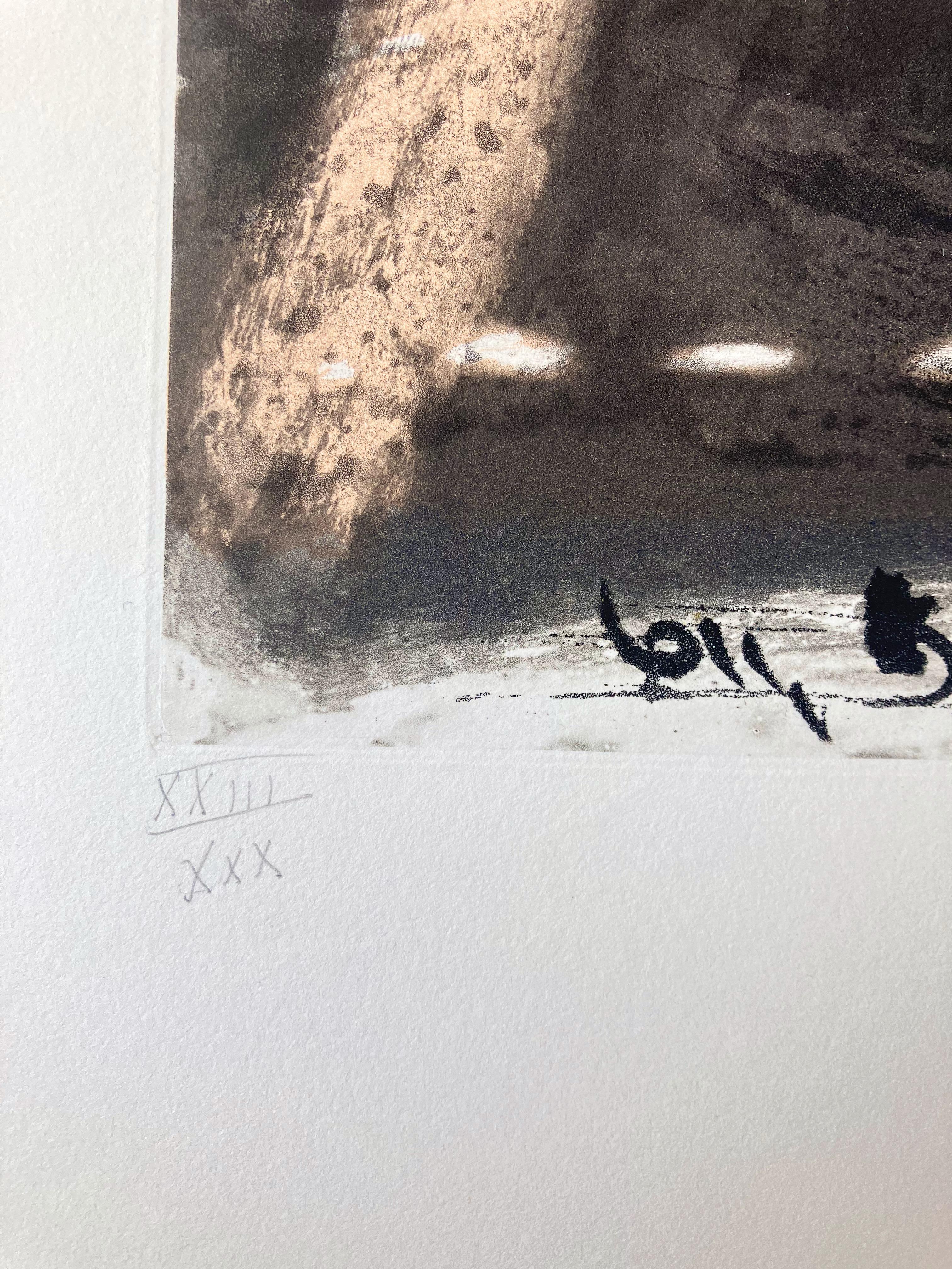 Artistics : Antoni Tapies - Espagnol (1923- 2012)
Titre : Sans titre, extrait de Paroles Peintes IV, publié par O. Lazar-Vernet, Paris
Date : 1970
Support : Gravure et aquatinte en couleurs sur BFK Rives
Taille de l'image : 28,5 X 19 cm  (11.25 X