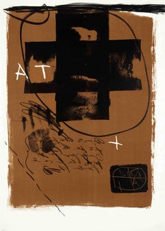Untitled. Typical print by Tapies. Letters and cross. Contemporary vision.
