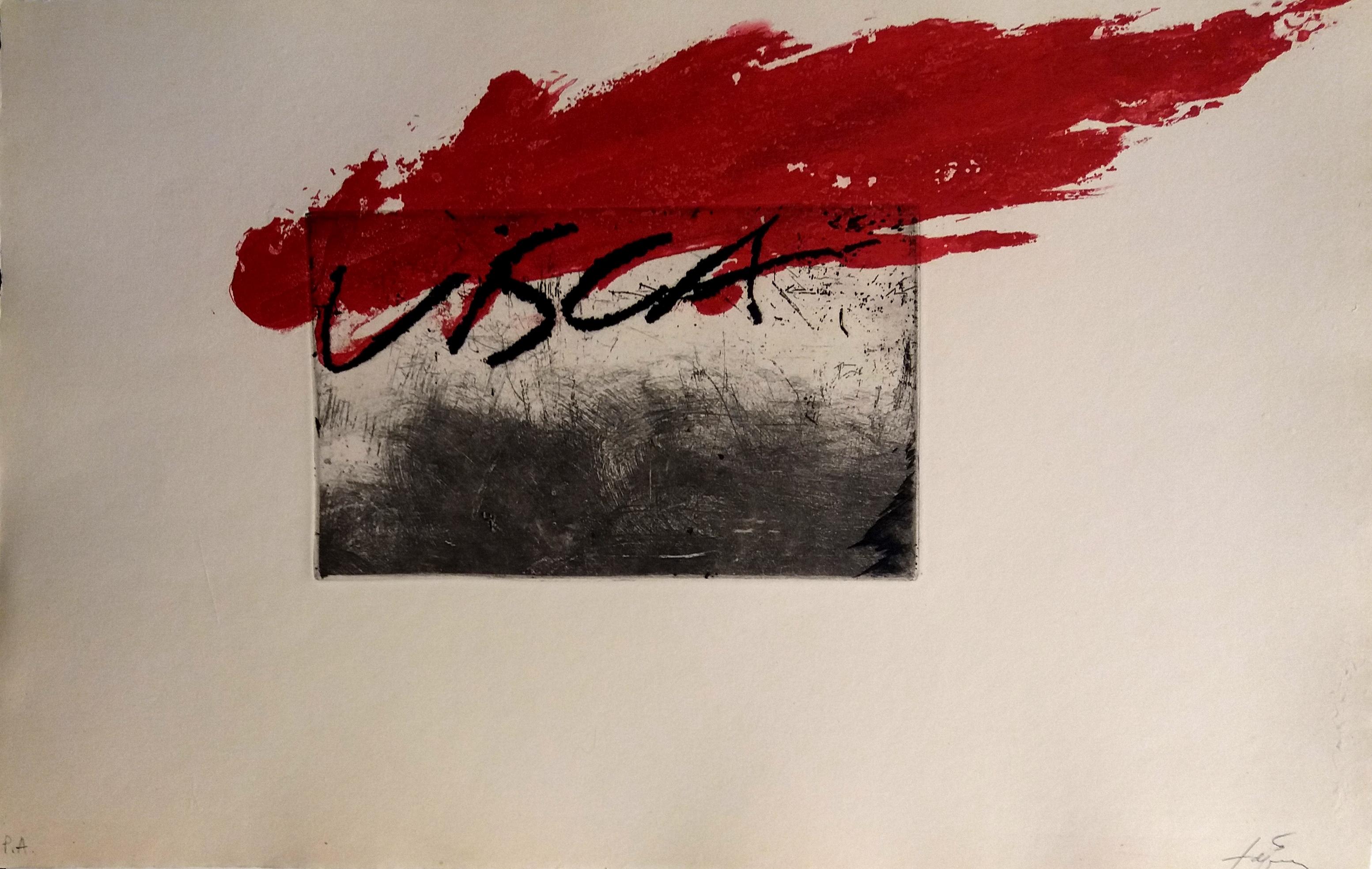 Tapies  Red  Visca original engraving abstract paintiong - Abstract Print by Antoni Tàpies