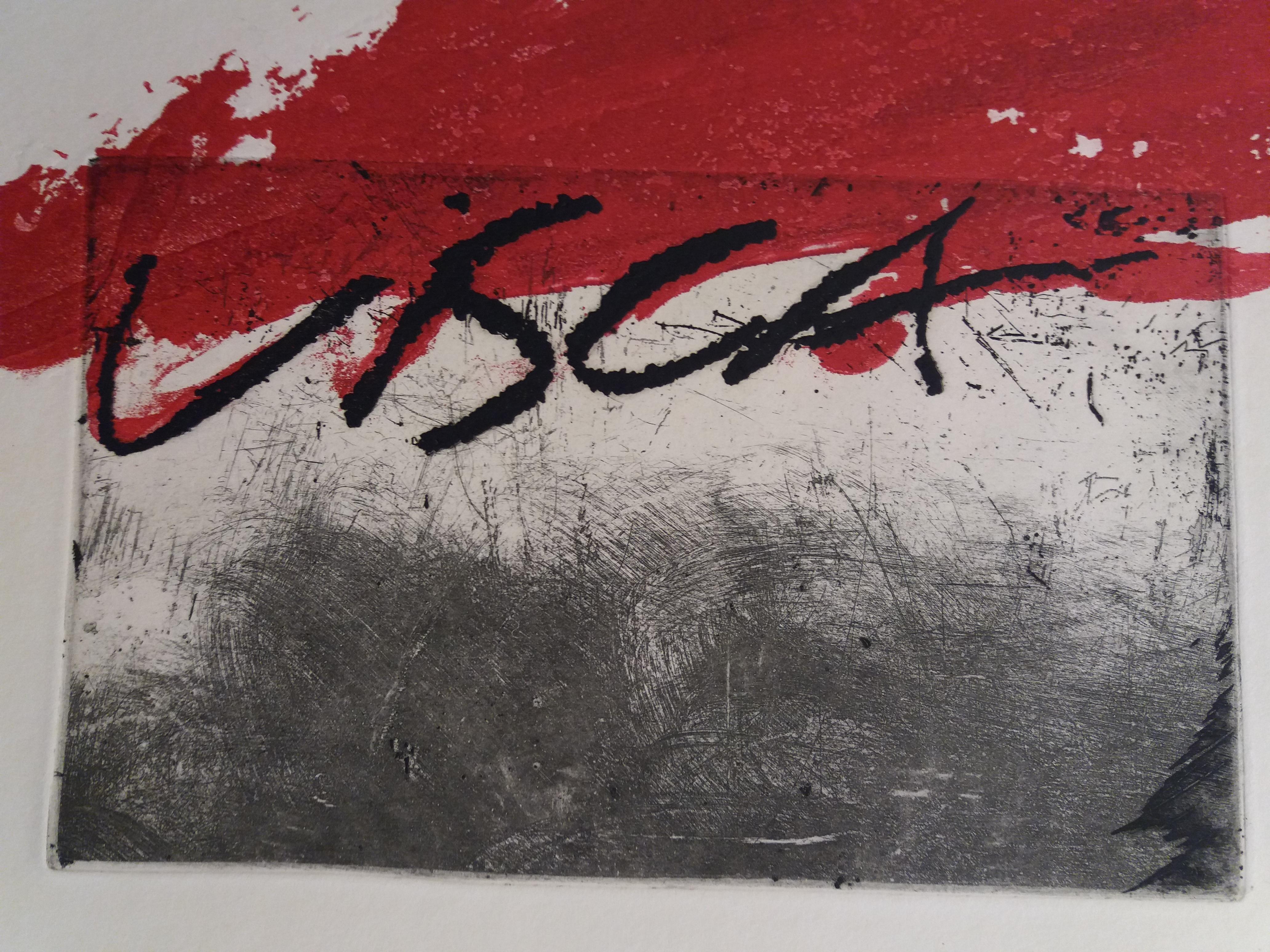 Tapies  Red  Visca original engraving abstract paintiong For Sale 2