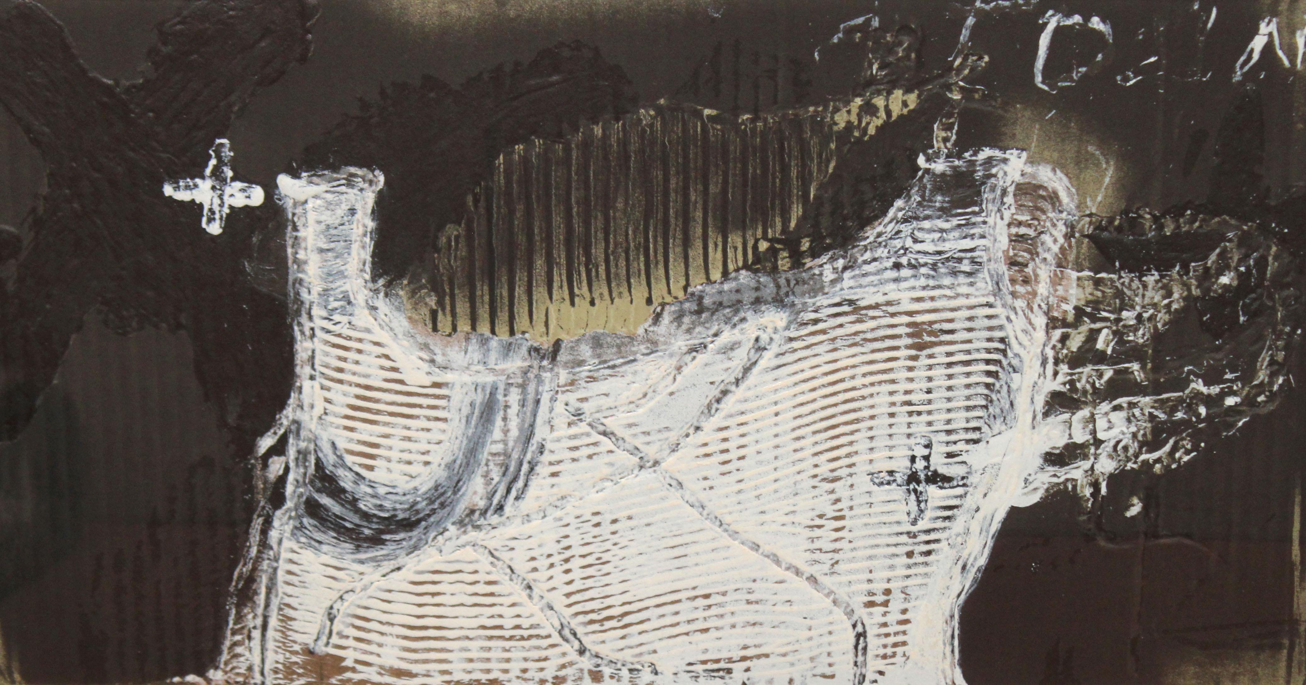 Antoni Tapies Puig Abstract Print - Peça de roba - Aguatinta al carborundum a colores - Año 1988