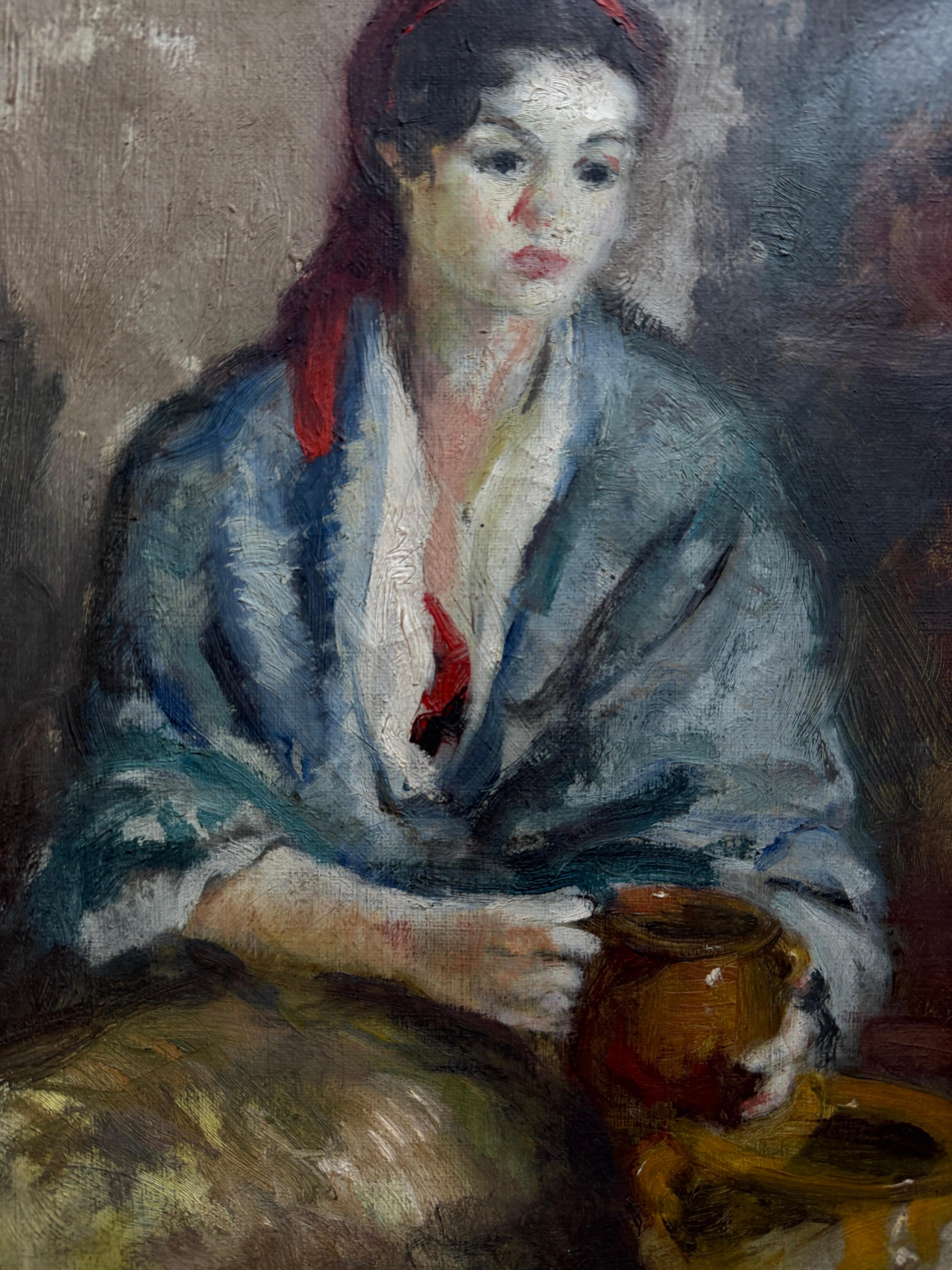Femme à la cruche huile sur toile - Noir Portrait Painting par Antoni Valls Bordoy