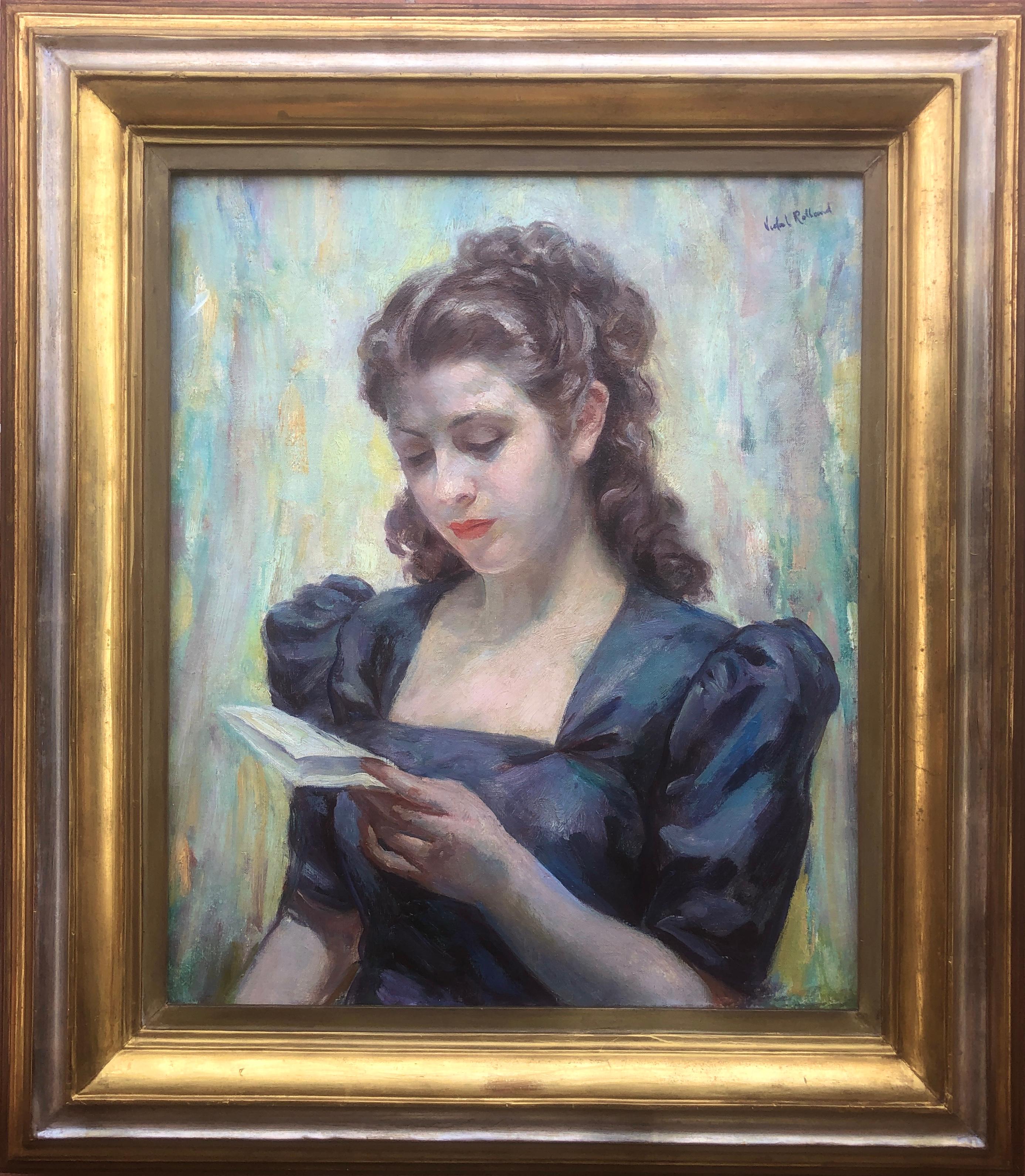 Reading a love letter oil on canvas painting woman portrait - Painting by Antoni Vidal Rolland