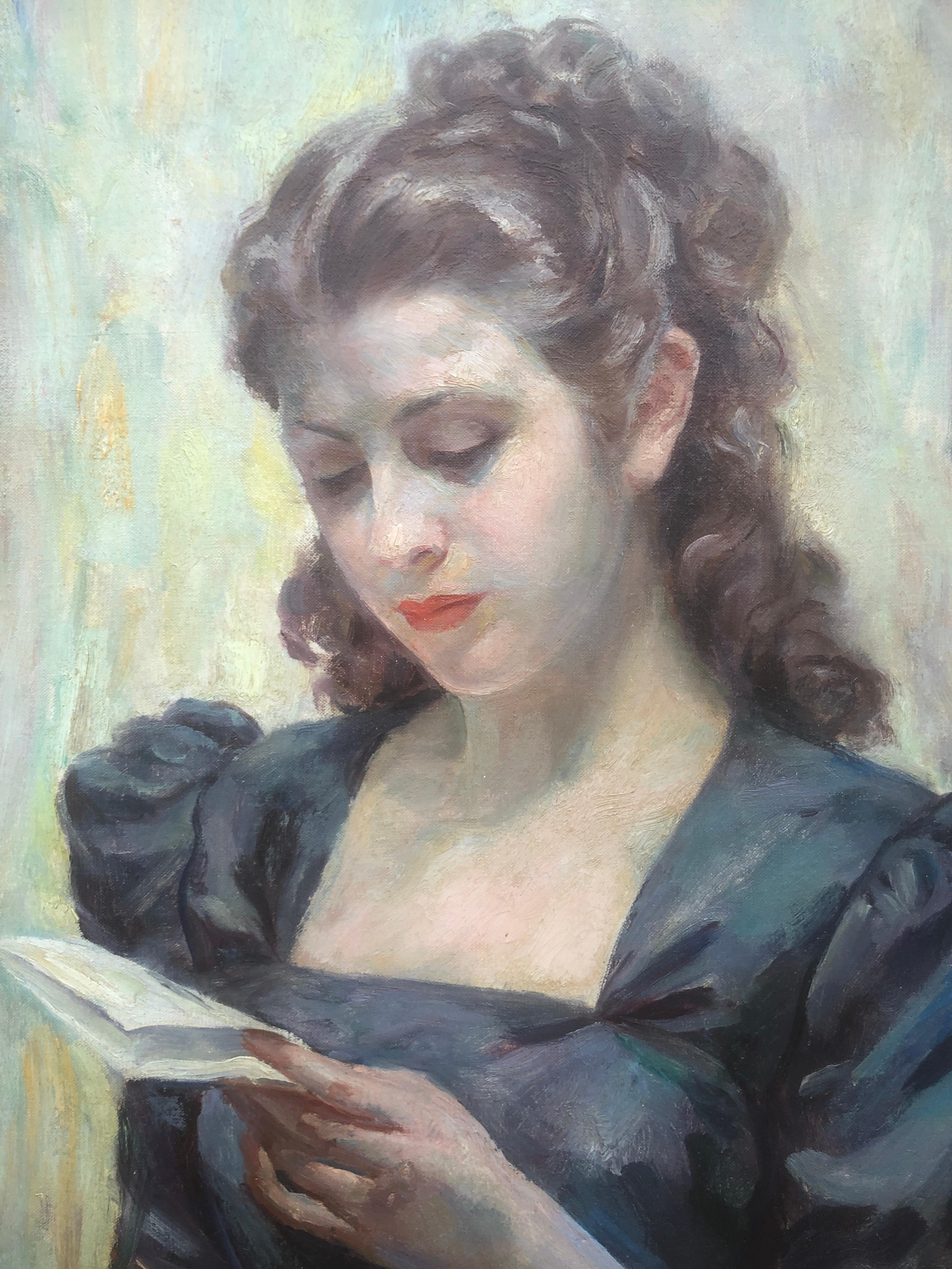 Reading a love letter oil on canvas painting woman portrait For Sale 2