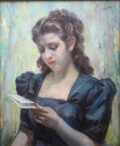 Reading a love letter oil on canvas painting woman portrait