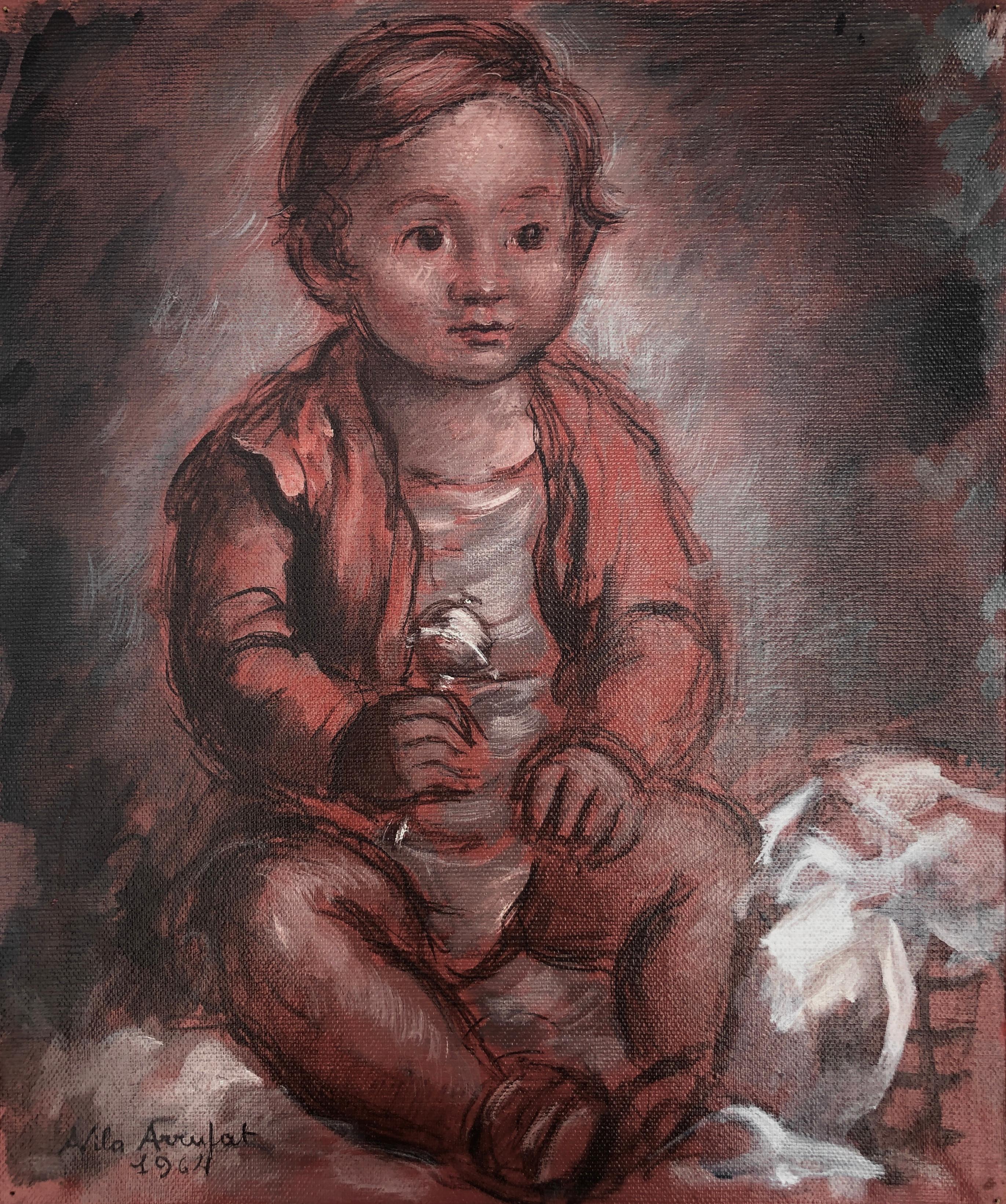 baby with rattle oil on canvas painting