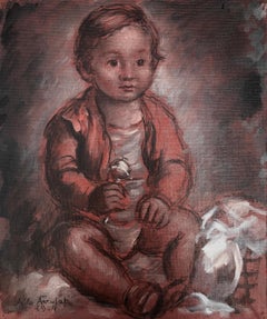 baby with rattle oil on canvas painting