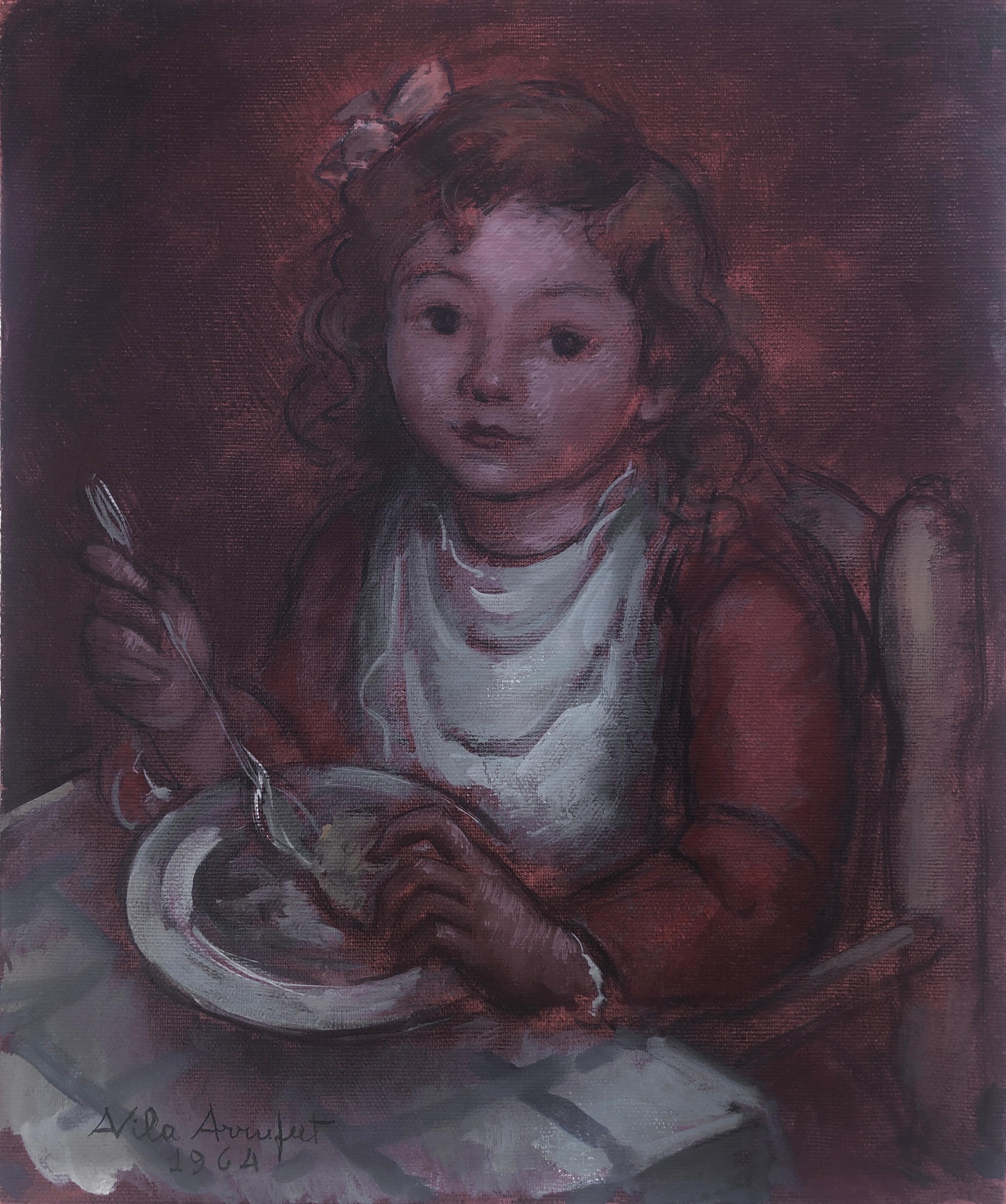 Portrait Painting de Antoni Vila Arrufat - chica comiendo óleo sobre lienzo