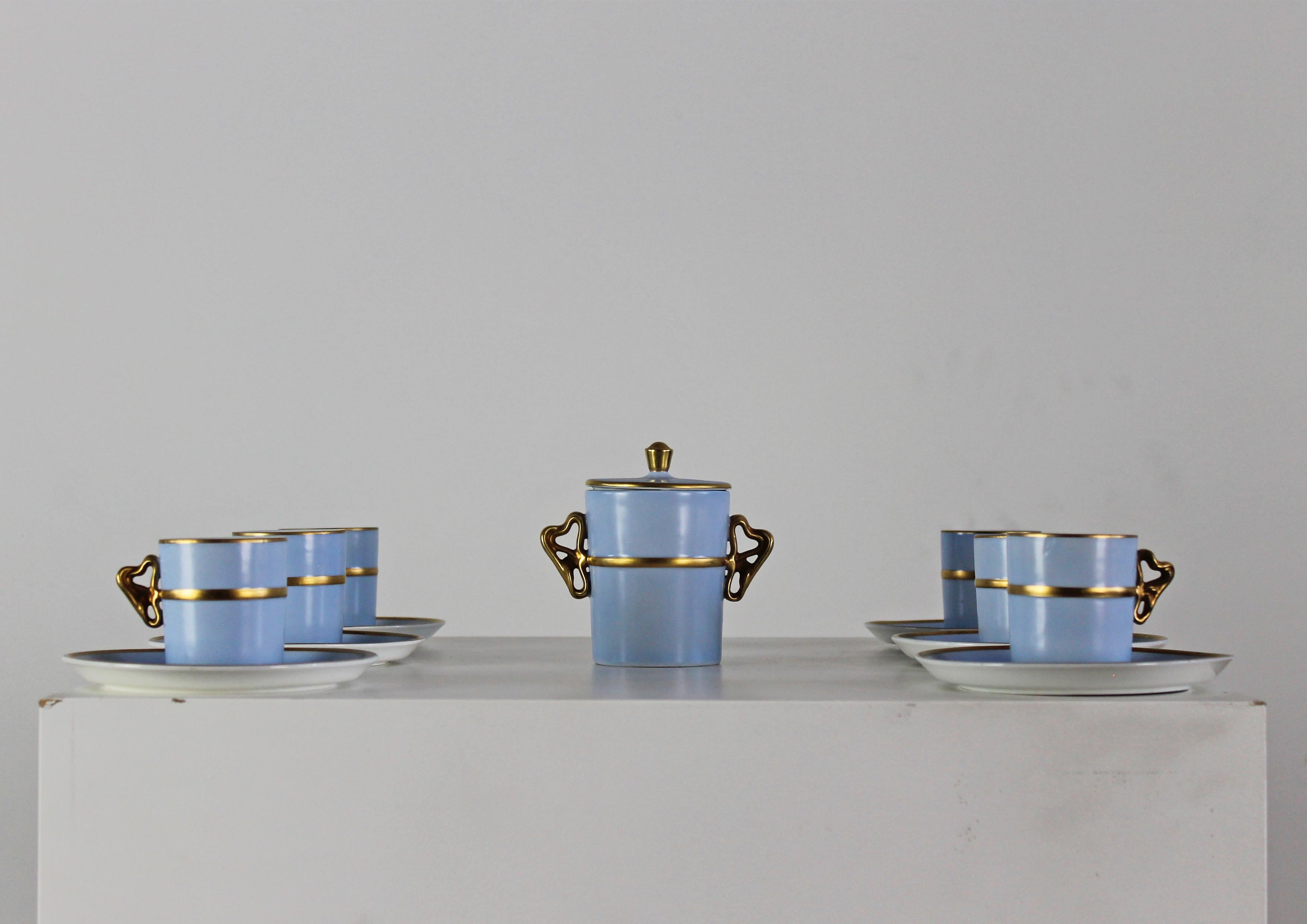 Italian Antonia Campi Tea Service for Six in Porcelain and Gold by Laveno 1950s For Sale