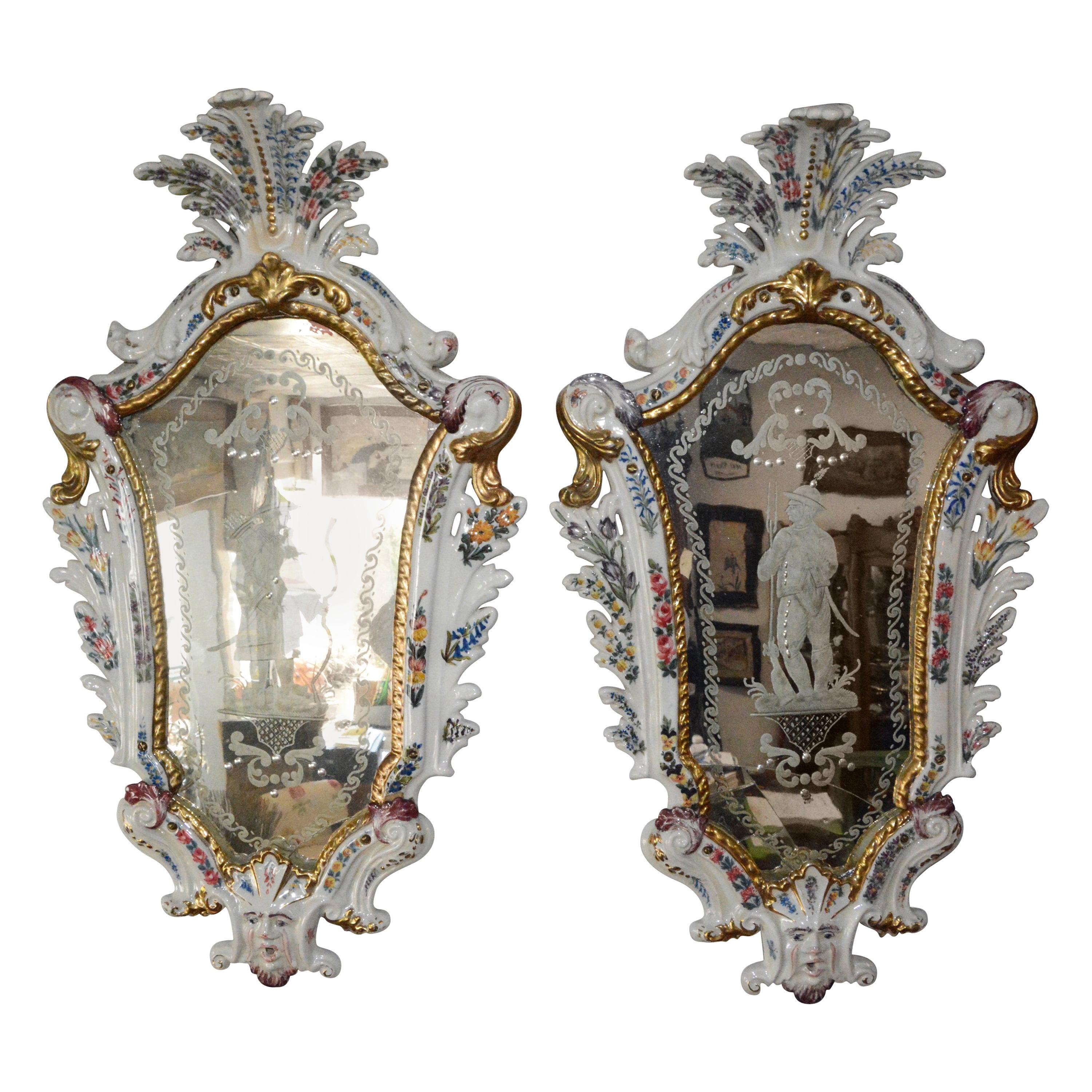 Antonibon Pair of Ceramic Hand Painted Mirrors with Etched Glass For Sale