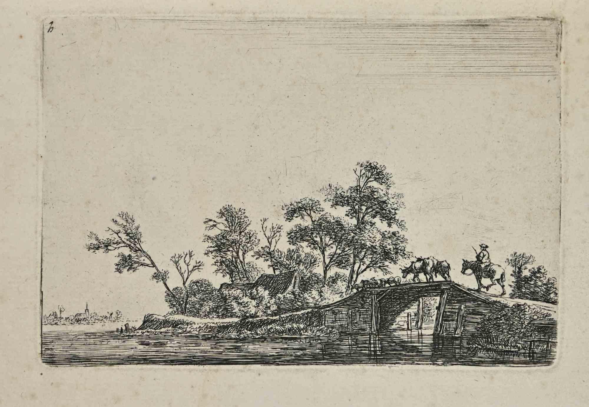 Schäfer mit Vieh auf einer Holzbrücke ist eine Radierung auf elfenbeinfarbenem Papier, die von Antoni Waterloo im späten 17.

Guter Zustand mit leichten Stockflecken.

Das Kunstwerk wird durch geschickte, kurze Striche meisterhaft umgesetzt.