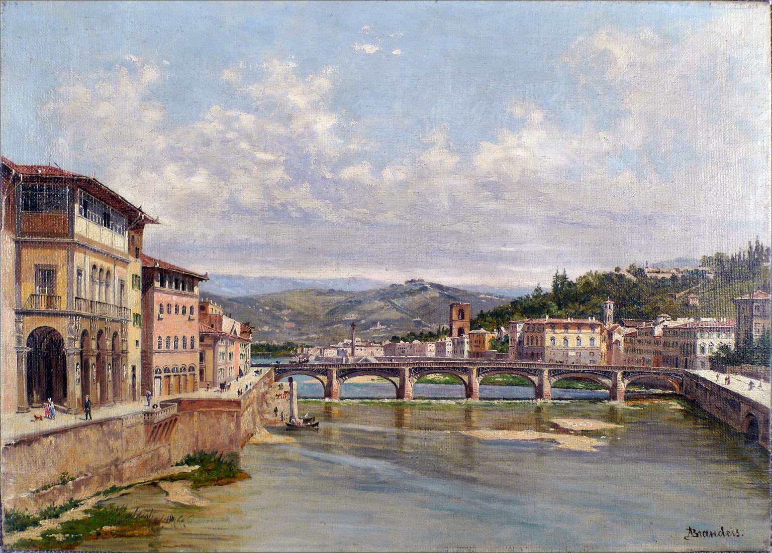 "Florence´s Bridge", 19th Century Oil on Canvas by Antonietta Brandeis 