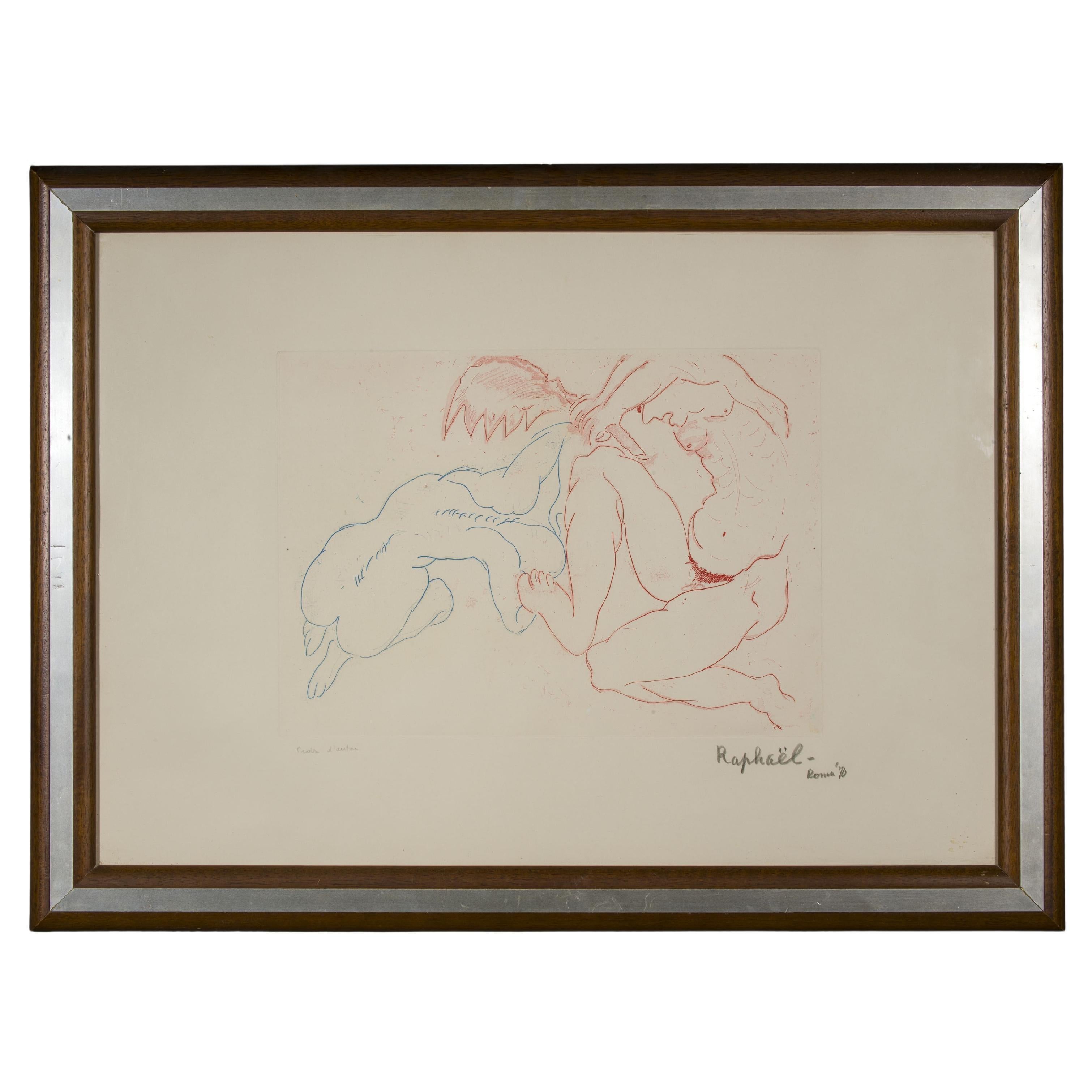 Colour etching “Prova d’autore” signed localised and dated ‘Raphael Roma “70”.
It depicts in his unmistakable style a couple pictured in an intimate but discreet pose.

Antonietta Raphaël, the wife of Mario Mafai and co-founder of the Roman School,
