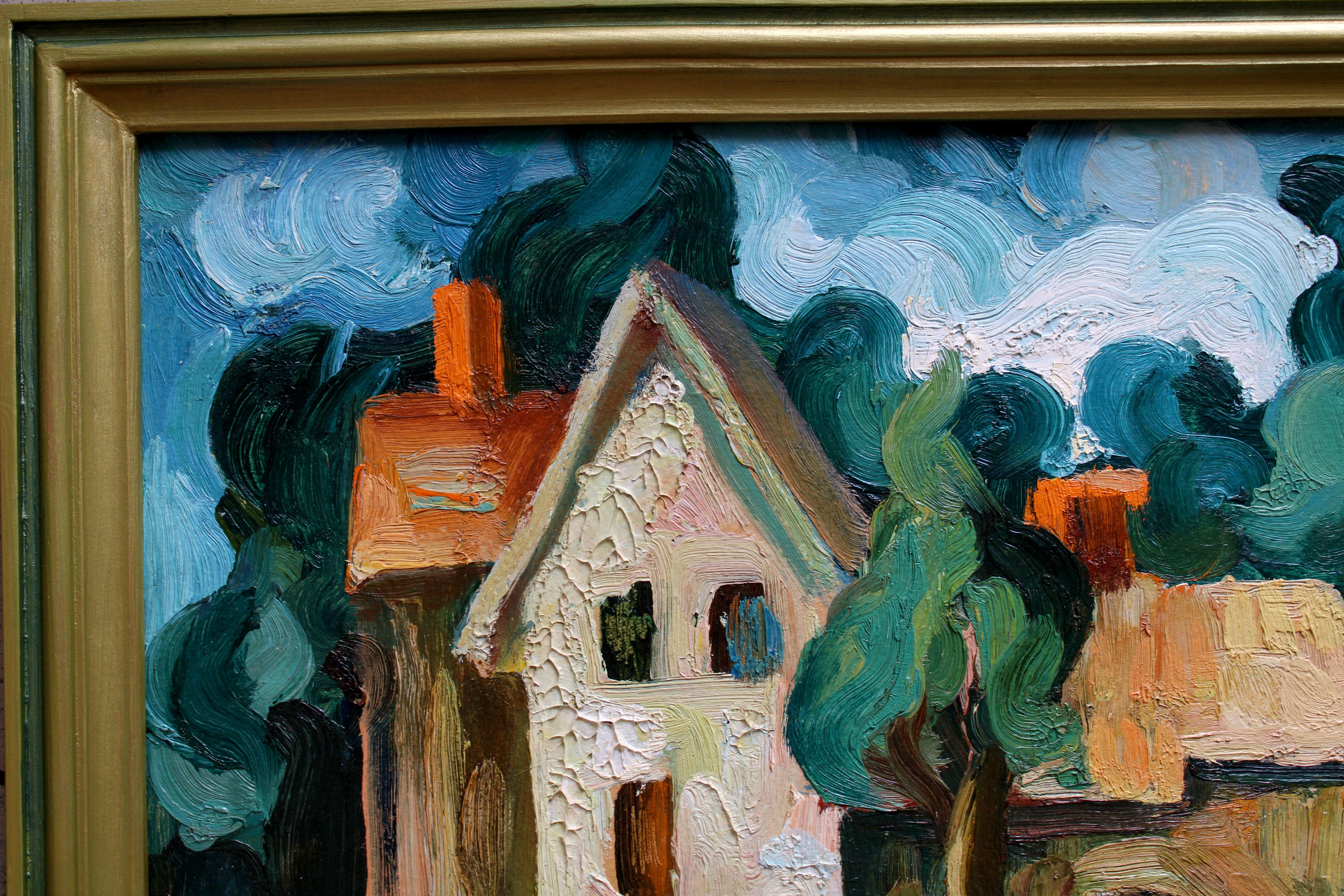 Una passeggiata con il vento forte  Olio su cartone, 48x60 cm - Figurative Painting Grigio di Antonija Lutere