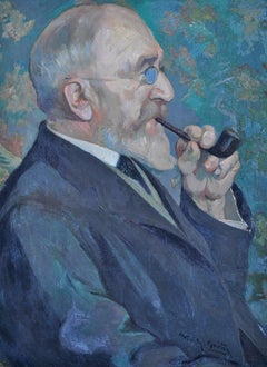 Gentleman mit einer Pfeife - 1930's Französisch Post Impressionist Porträt Ölgemälde