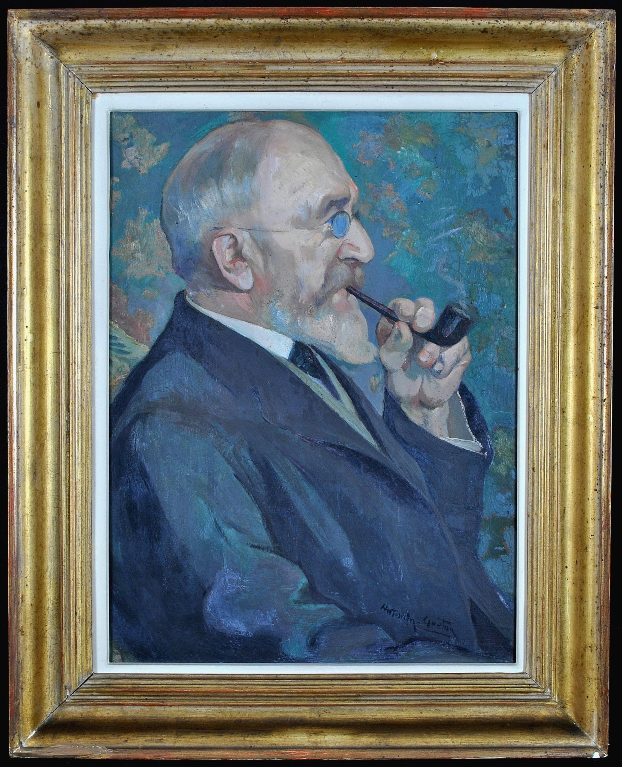 Antonin Guéton Portrait Painting - Gentleman with a Pipe - French Post Impressionist Smoking Portrait Oil Painting