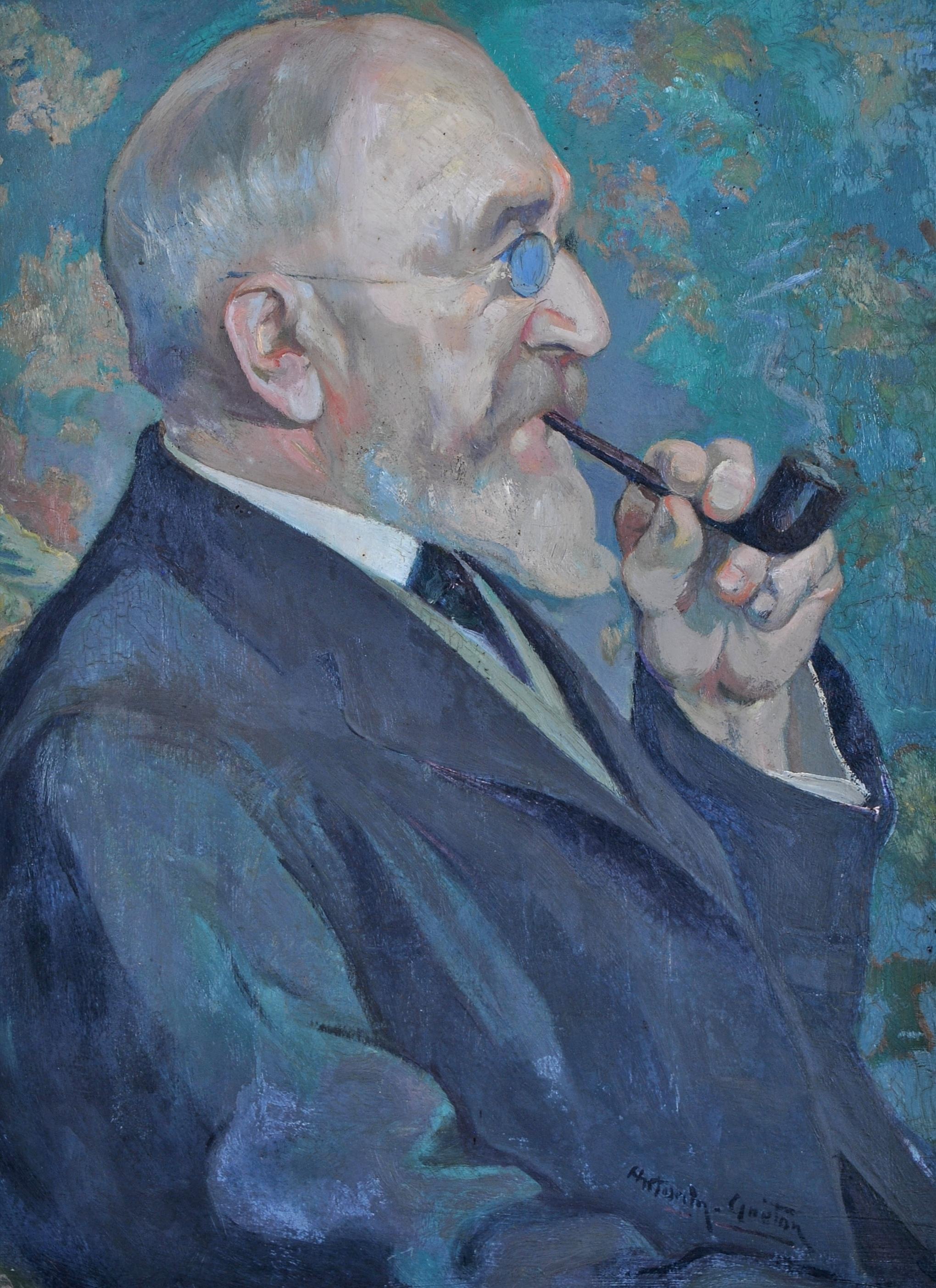 Gentleman with a Pipe - French Post Impressionist Smoking Portrait Oil Painting - Gray Portrait Painting by Antonin Guéton