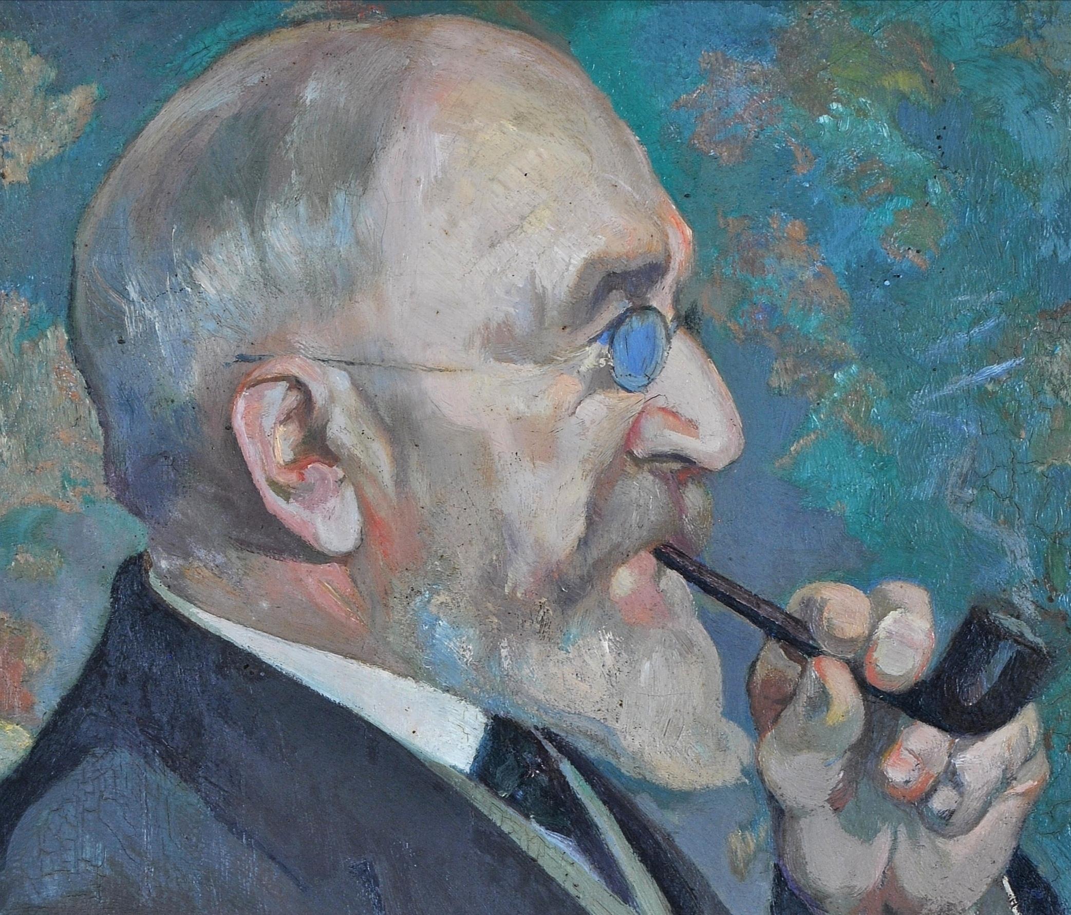 Gentleman with a Pipe - French Post Impressionist Smoking Portrait Oil Painting For Sale 1