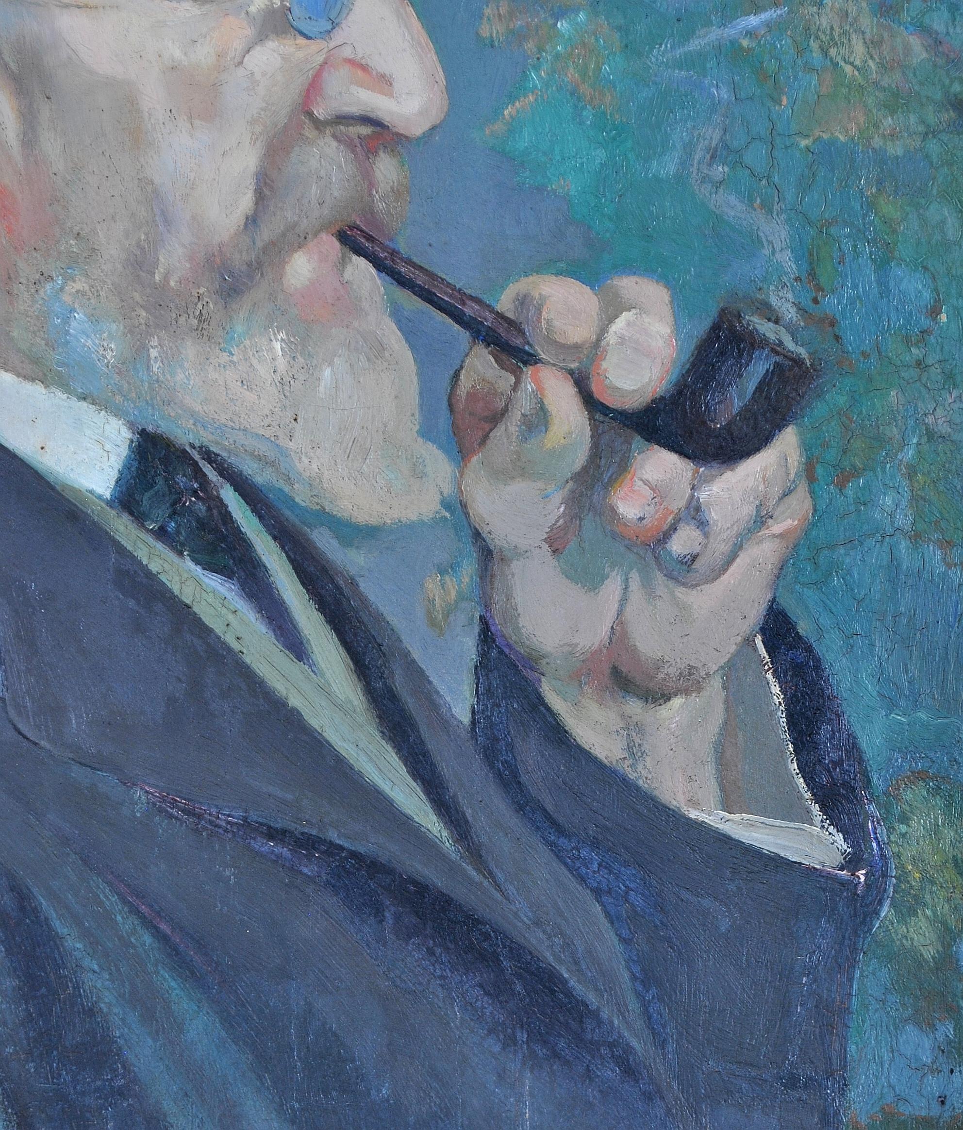Gentleman with a Pipe - French Post Impressionist Smoking Portrait Oil Painting For Sale 2