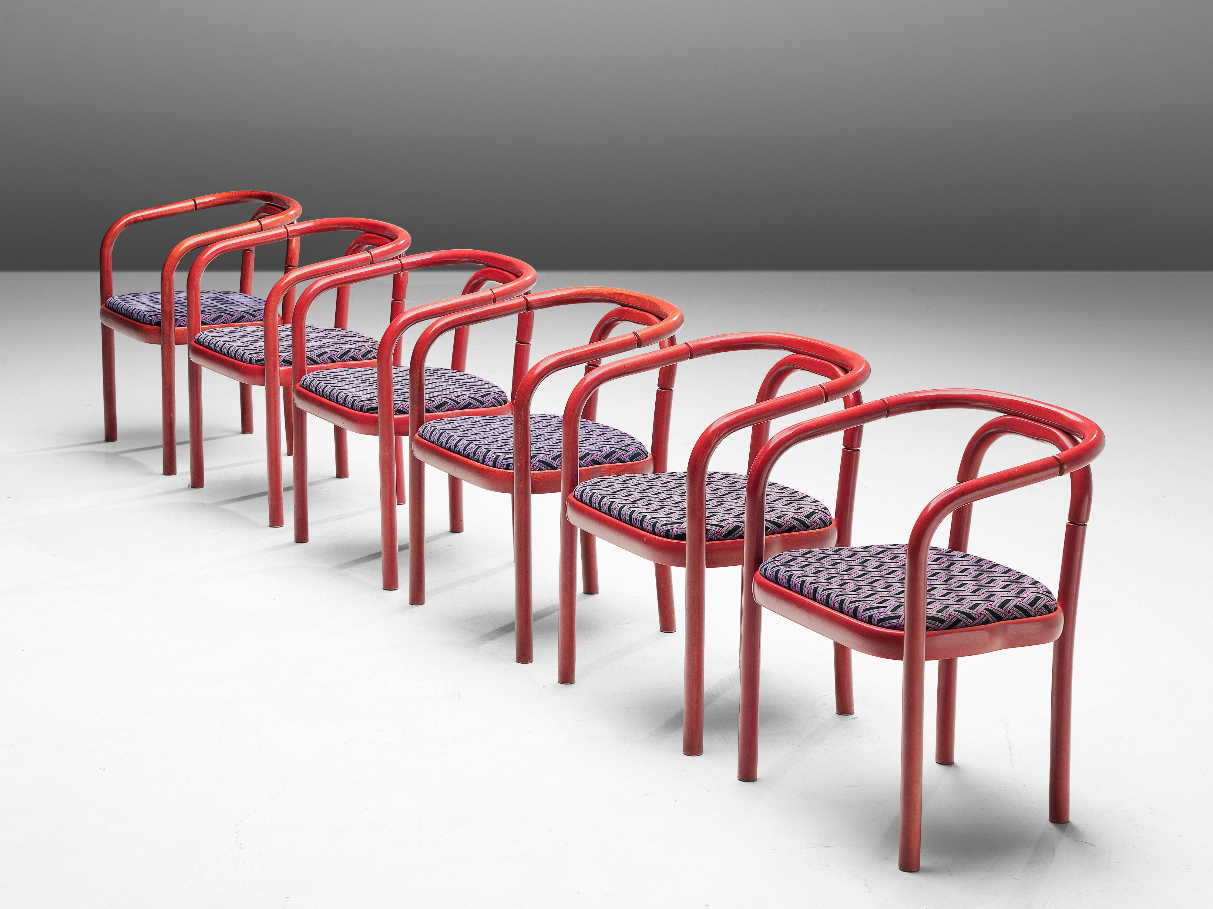 Antonín Šuman for TON Dining Chairs with Red Frames and Patterned Upholstery For Sale 1