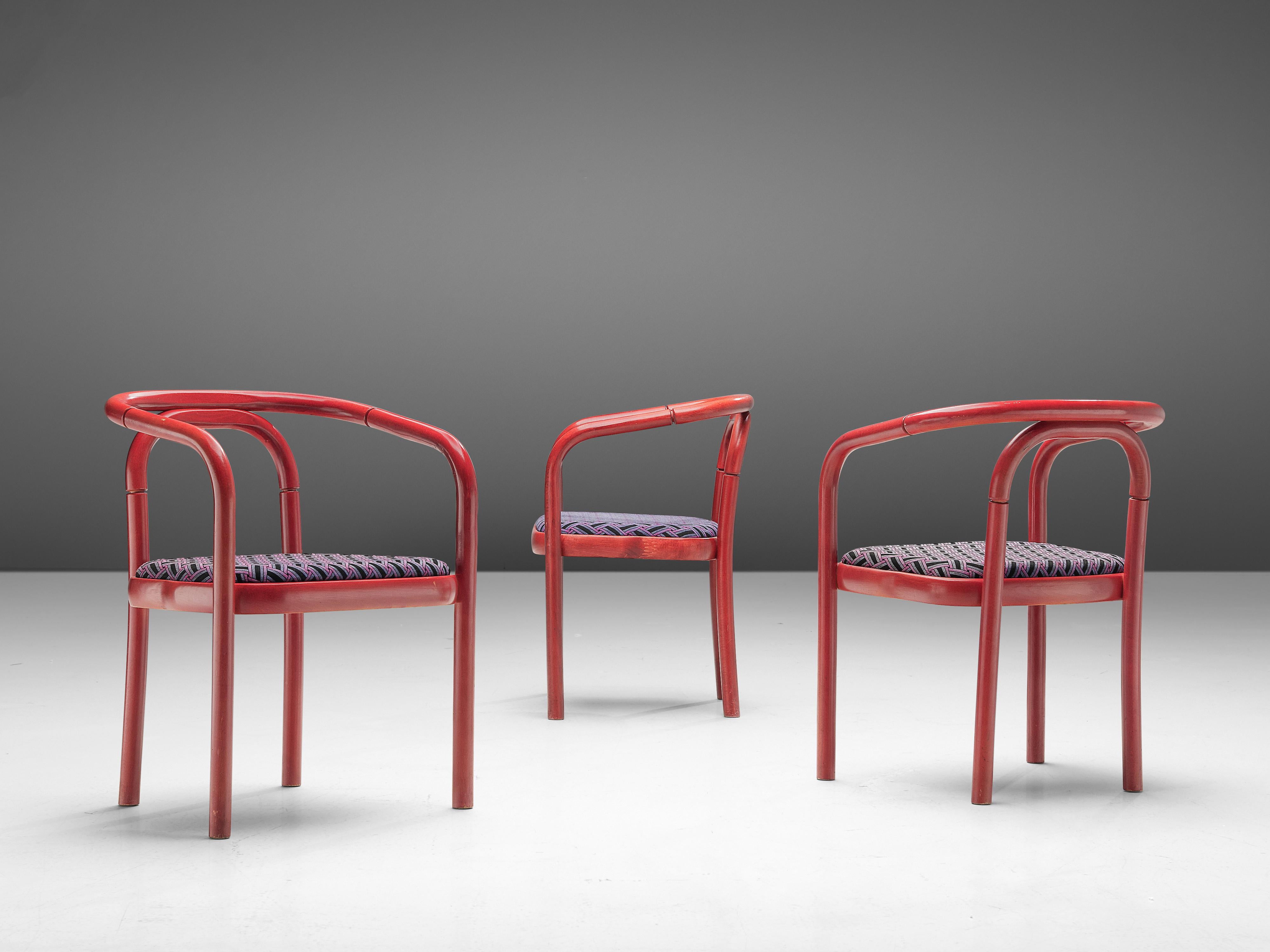 Antonín Šuman for TON Dining Chairs with Red Frames and Patterned Upholstery For Sale 4