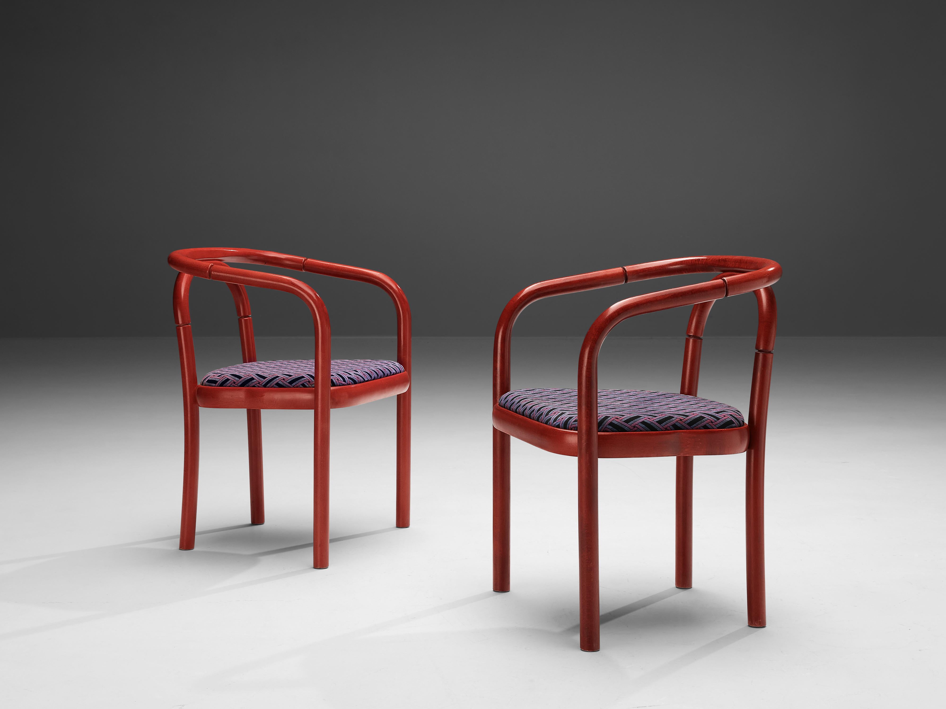 Czech Antonin Suman for TON Dining Chairs with Red Frames and Patterned Upholstery For Sale