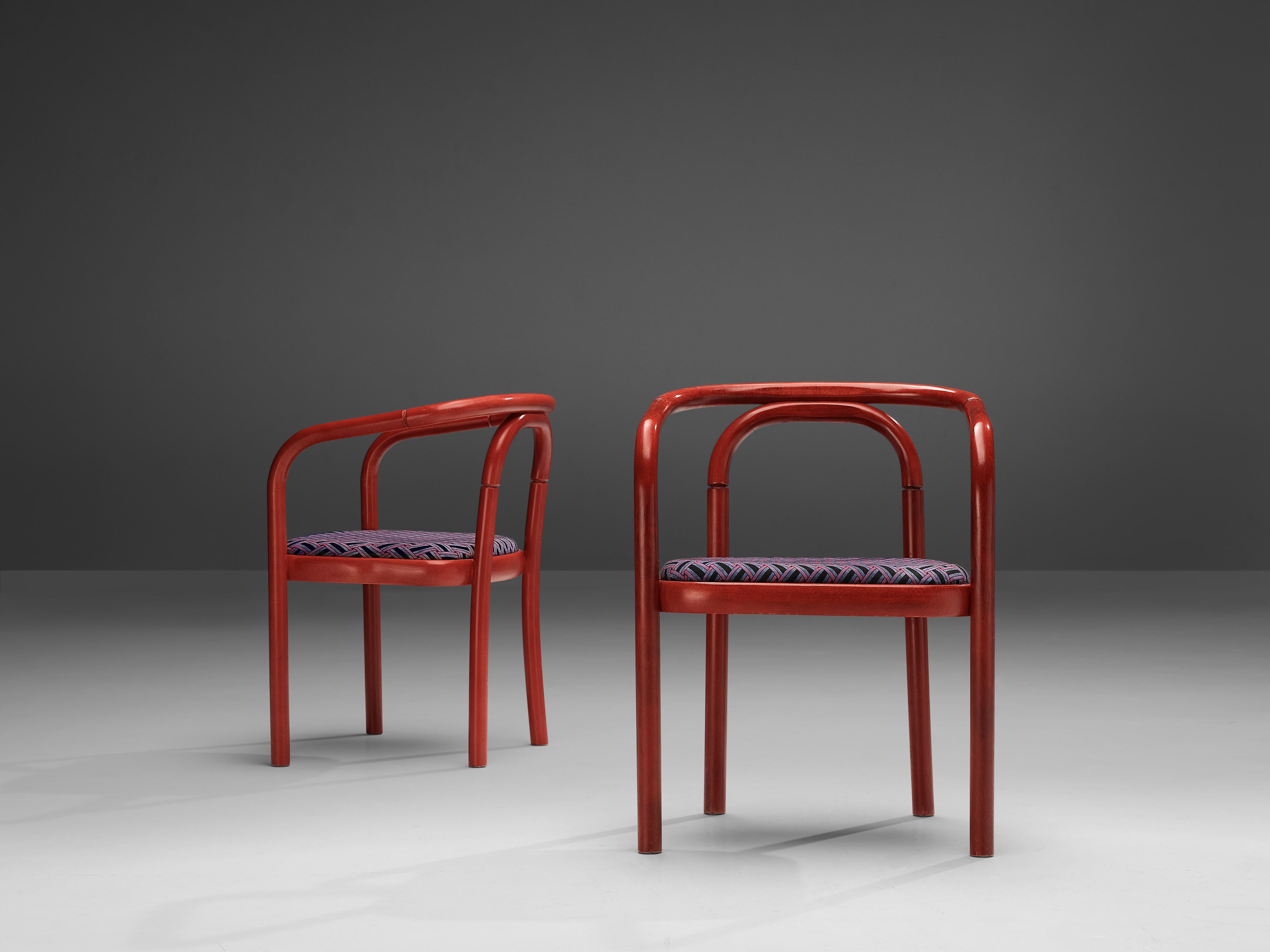 Fabric Antonin Suman for TON Dining Chairs with Red Frames and Patterned Upholstery For Sale