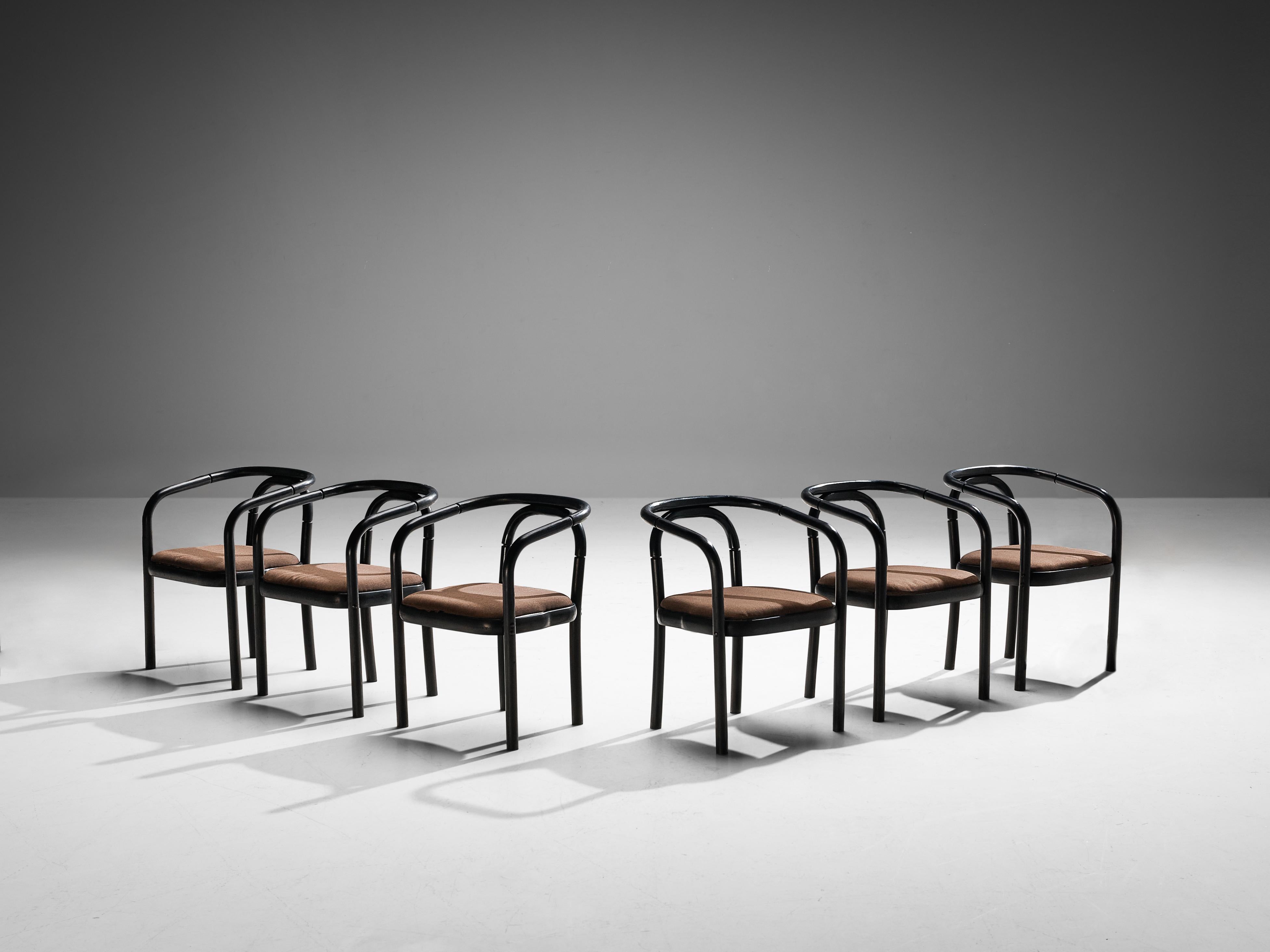 Antonin Suman for TON, set of six armchairs, model E4309, lacquered wood, fabric, Czech Republic, 1977

A set of six dining chairs that were designed by Antonin Suman and manufactured by TON. These chairs feature a wonderful bentwood frame finished
