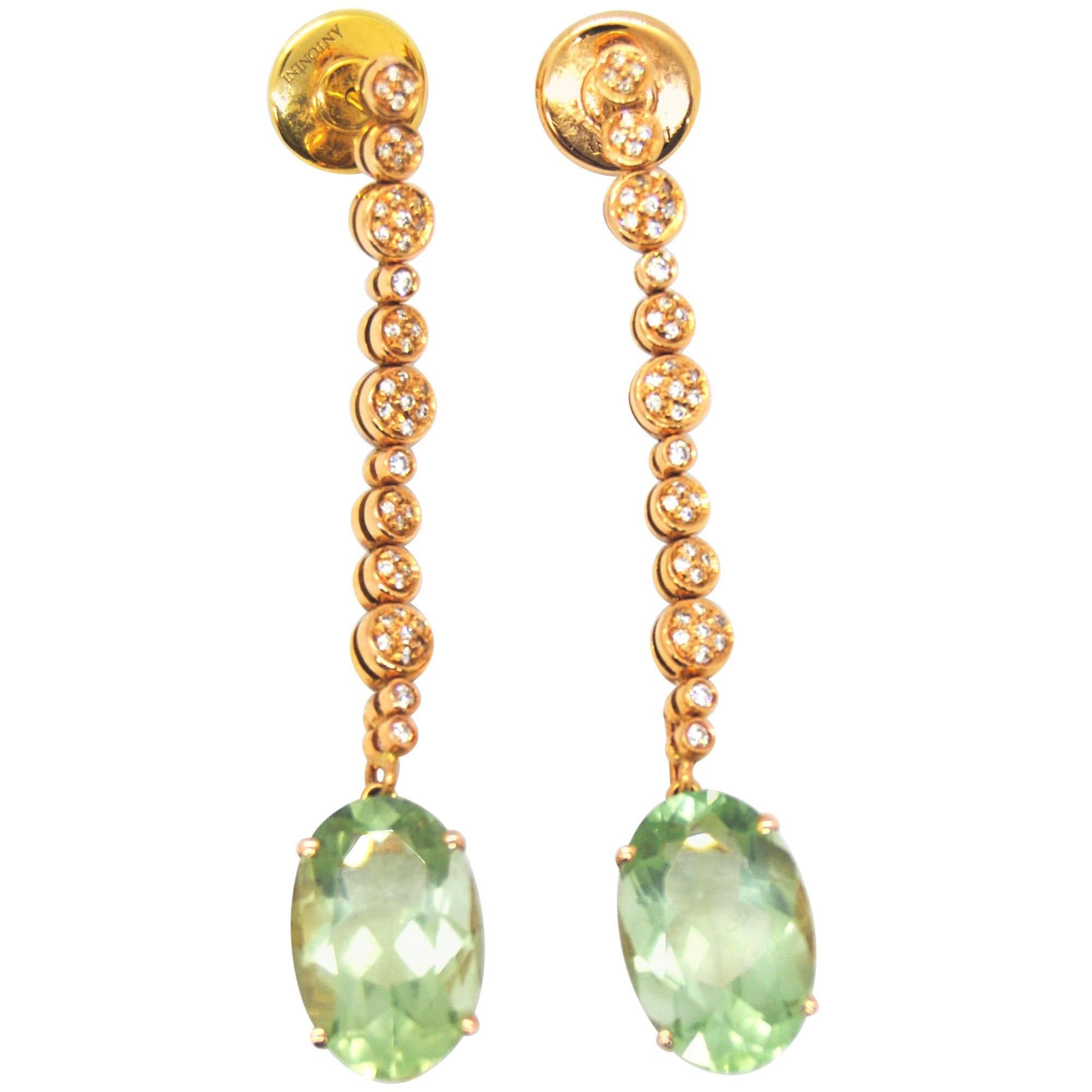 Antonini 18 Karat Pink Gold and Bright Green Amethyst Diamonds Earrings
