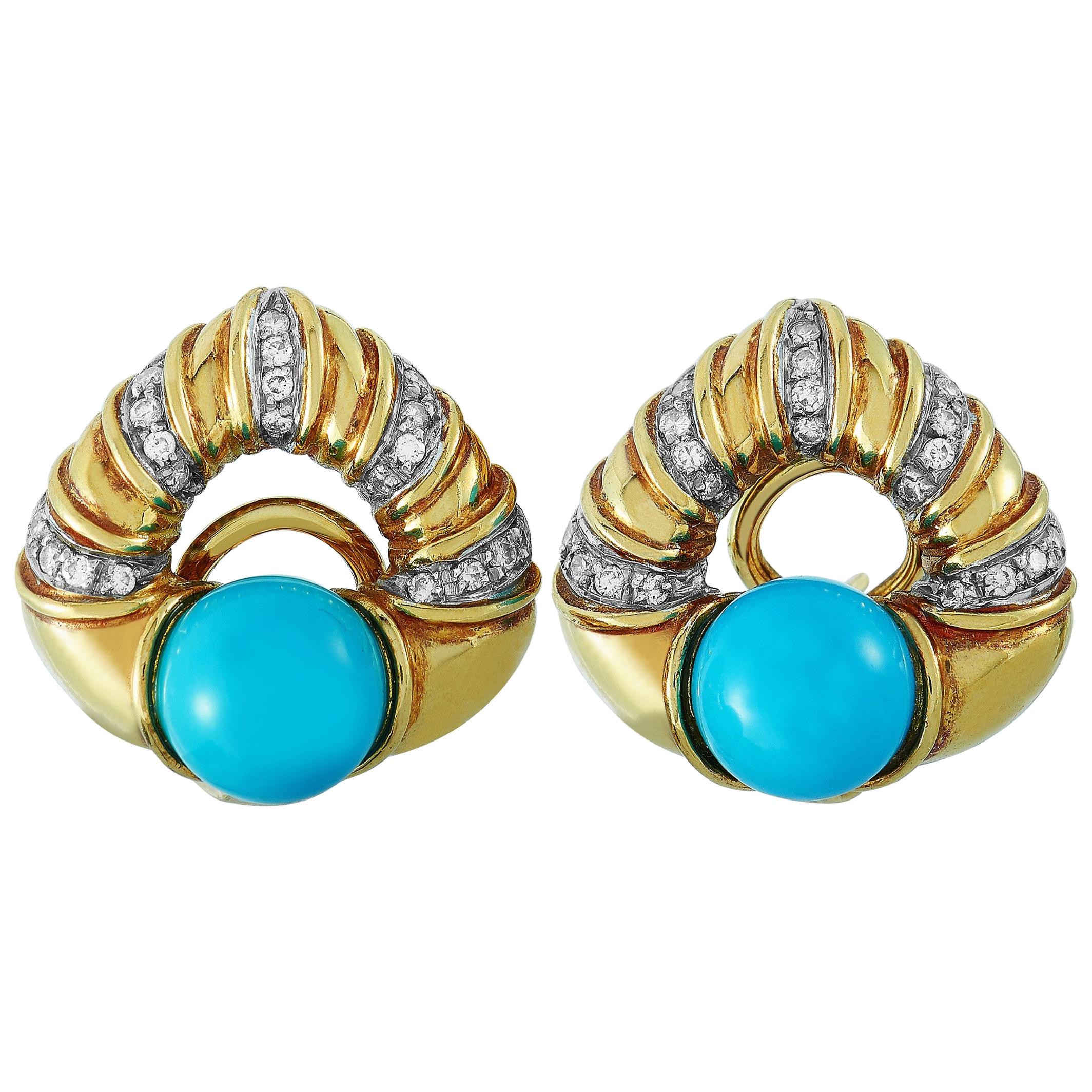 Antonini 18 Karat Yellow Gold 0.42 Carat Diamond and Turquoise Earrings