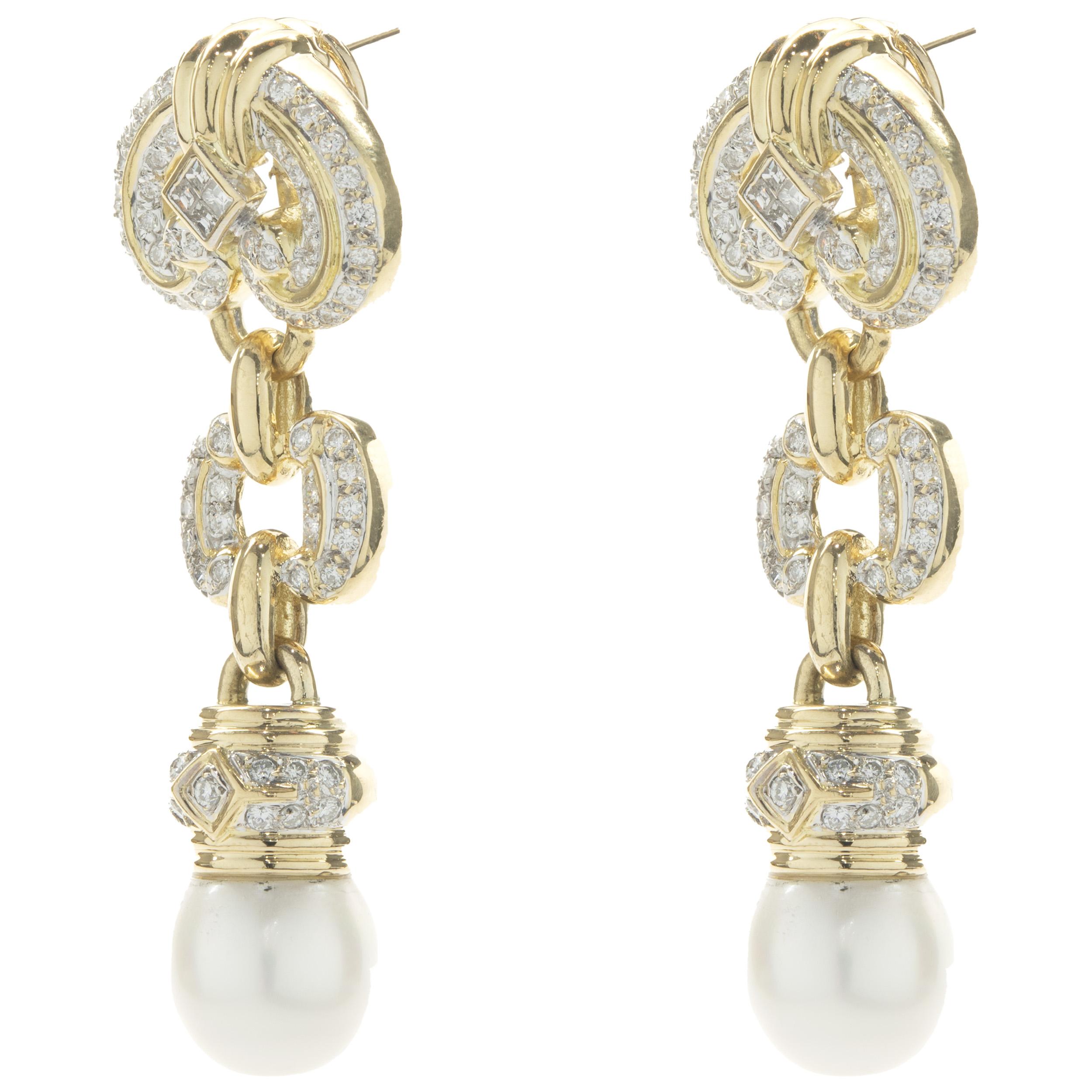 Round Cut Antonini 18 Karat Yellow Gold Akoya Pearl and Diamond Ornate Drop Earrings For Sale
