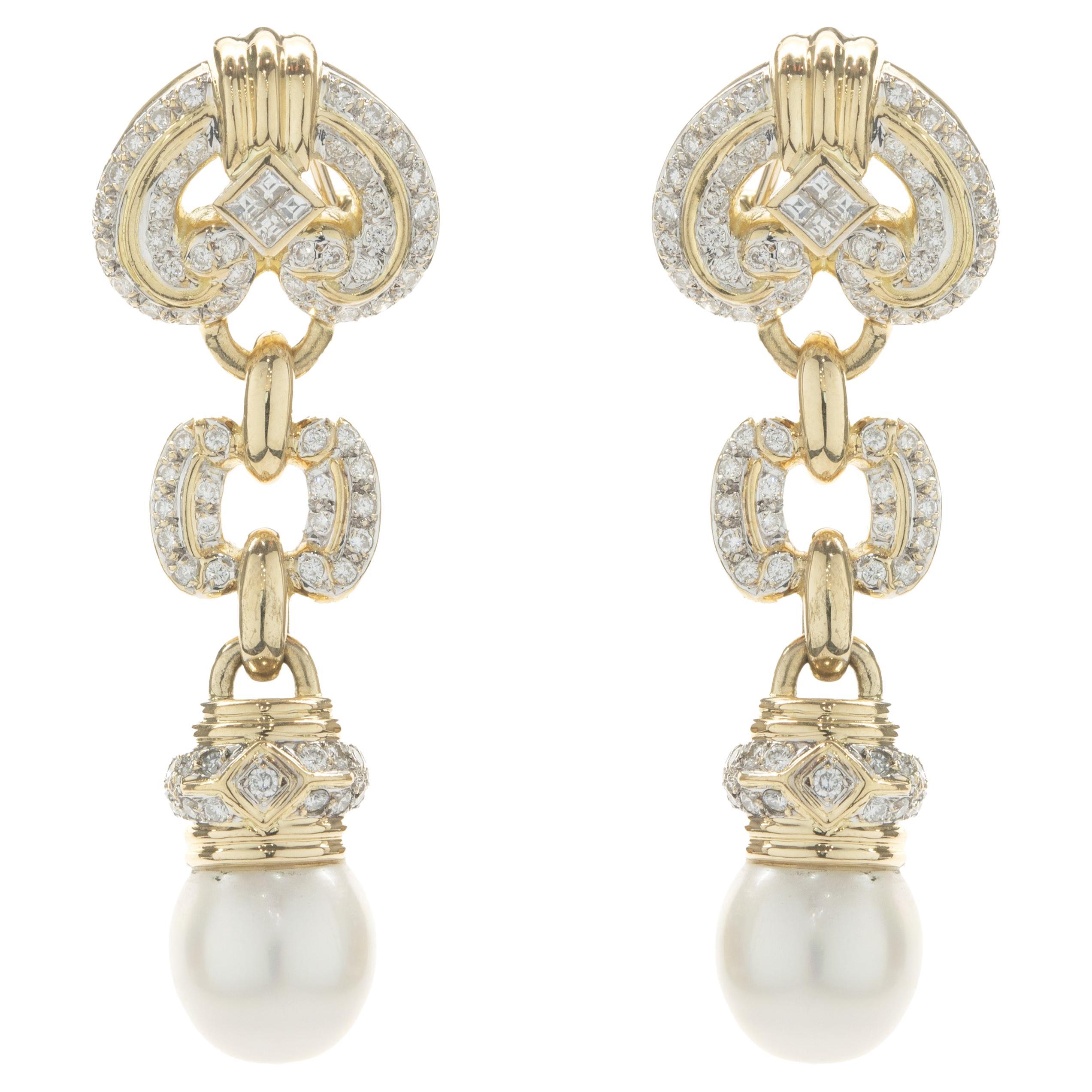 Antonini 18 Karat Yellow Gold Akoya Pearl and Diamond Ornate Drop Earrings For Sale