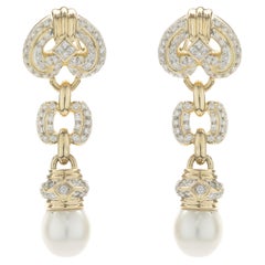 Antonini 18 Karat Yellow Gold Akoya Pearl and Diamond Ornate Drop Earrings