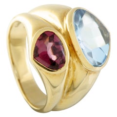 Antonini 18 Karat Yellow Gold Topaz and Pink Tourmaline 2-Heart Double Ring