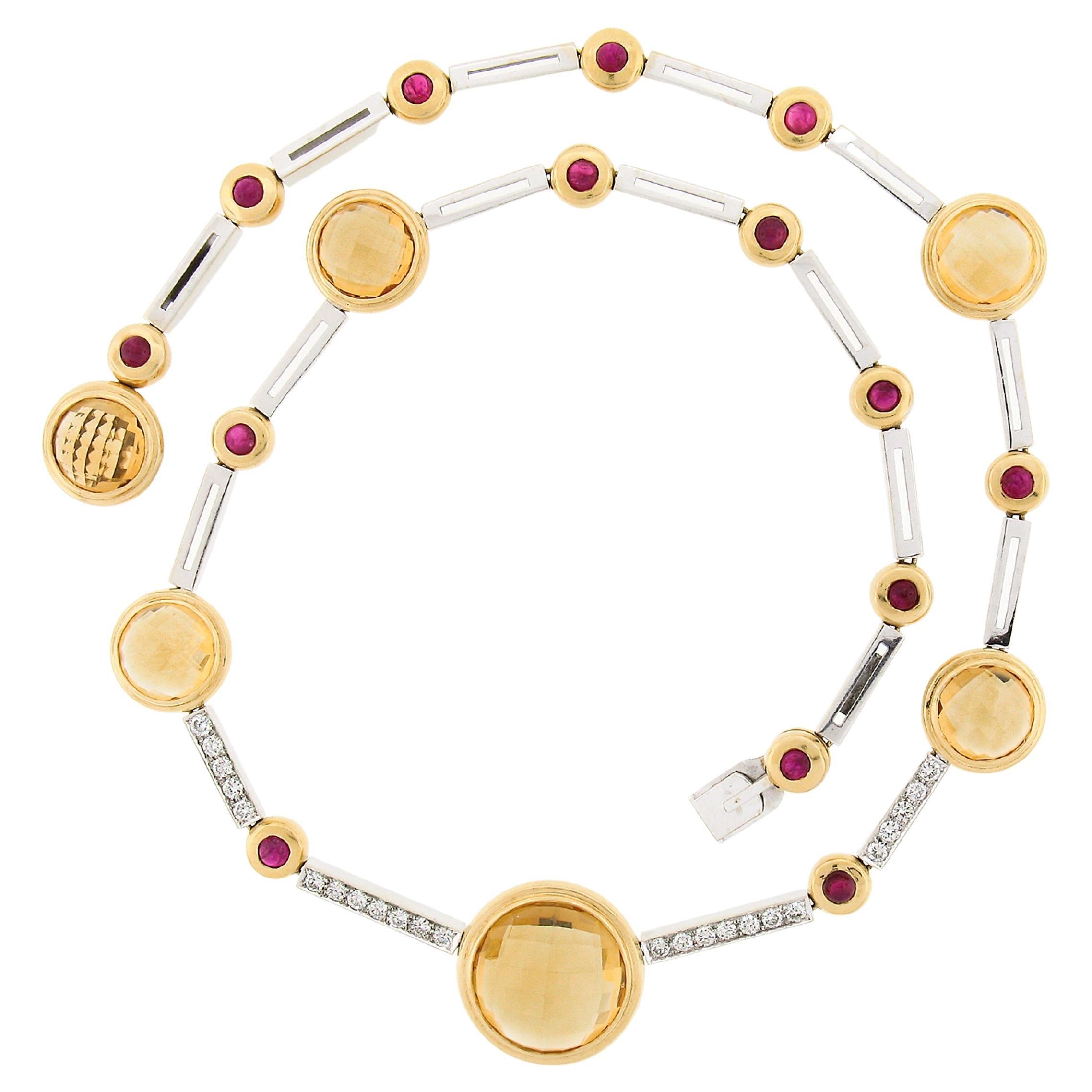 Antonini 18K TT Gold Round Bezel Citrine Diamond Ruby 16.5" Fancy Link Necklace For Sale