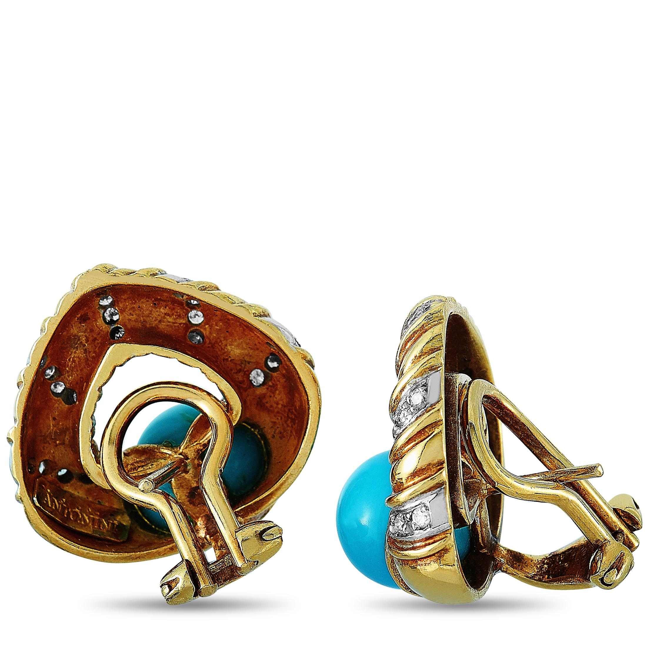 These Antonini earrings are made of 18K yellow gold and each of the two weighs 9.5 grams. They measure 0.75” in length and 0.75” in width. The pair is embellished with turquoise stones and a total of 0.42 carats of diamonds.
 
 The earrings are
