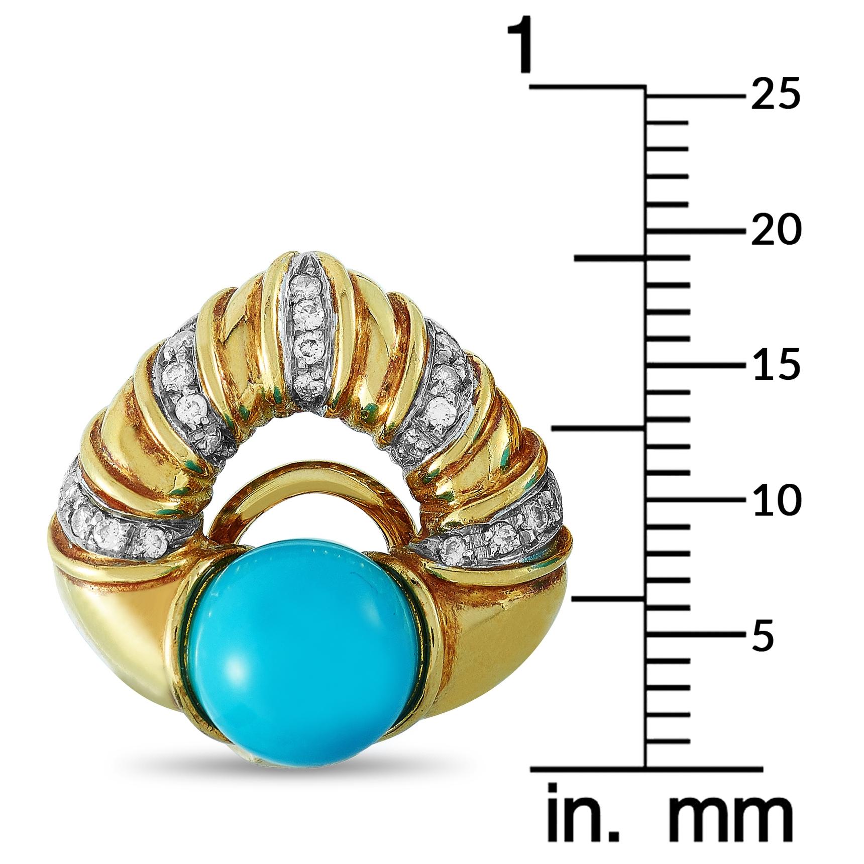 Round Cut Antonini 18 Karat Yellow Gold 0.42 Carat Diamond and Turquoise Earrings