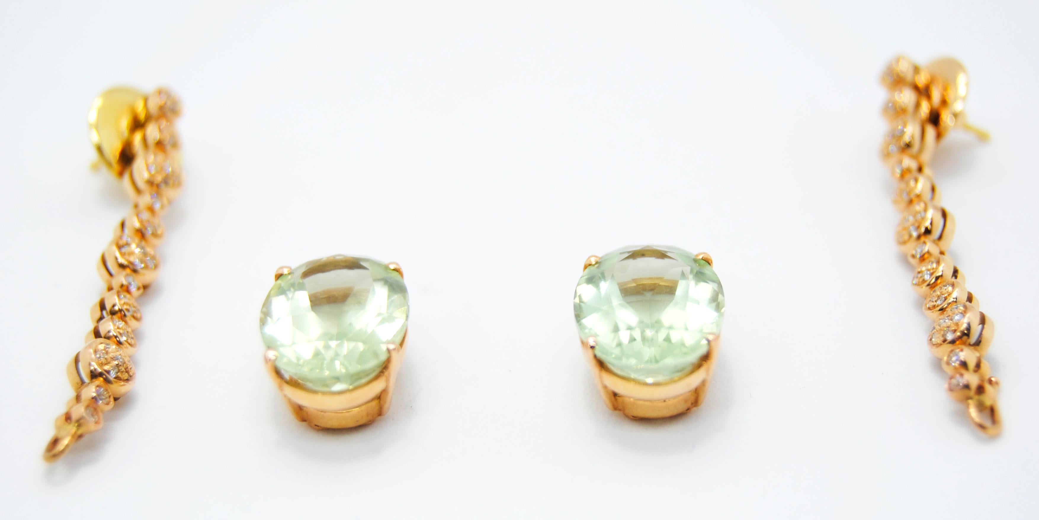 Contemporary Antonini 18kt Pink Gold and Bright Green Amethyst Diamonds Earrings For Sale