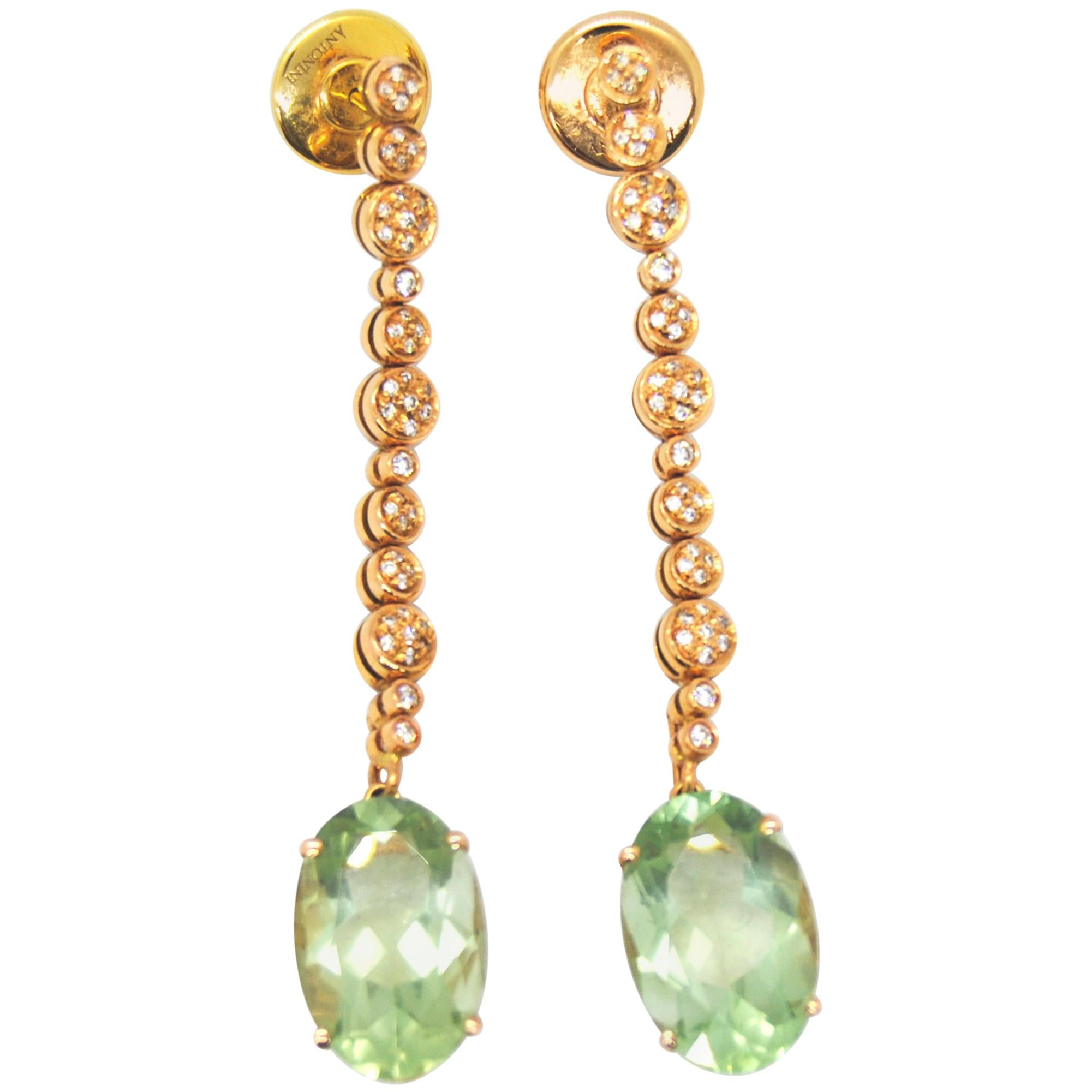 Antonini 18kt Pink Gold and Bright Green Amethyst Diamonds Earrings For Sale