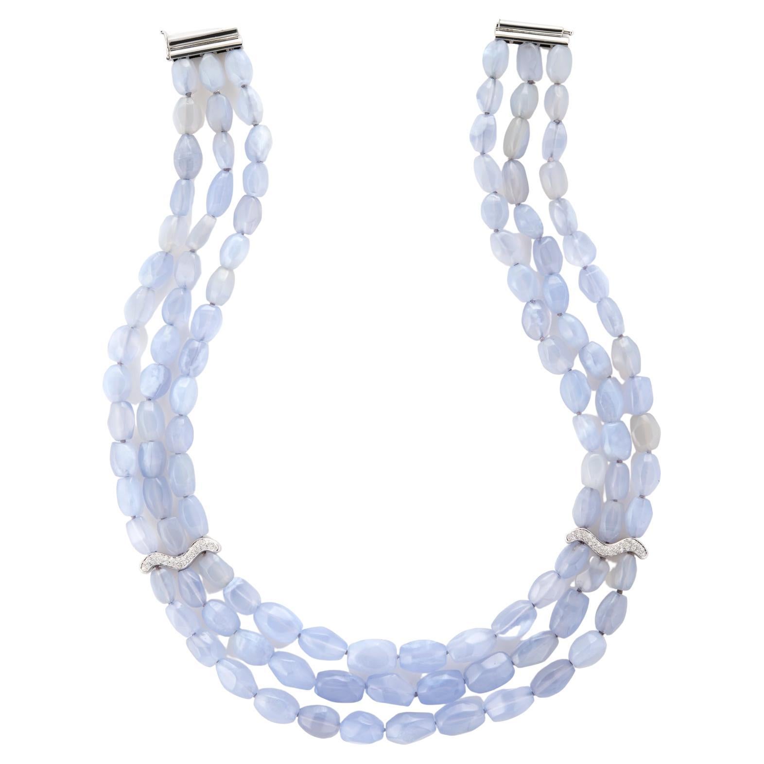 Antonini Blue Chalcedony Diamond Multi Stand Necklace Estate 18k White Gold