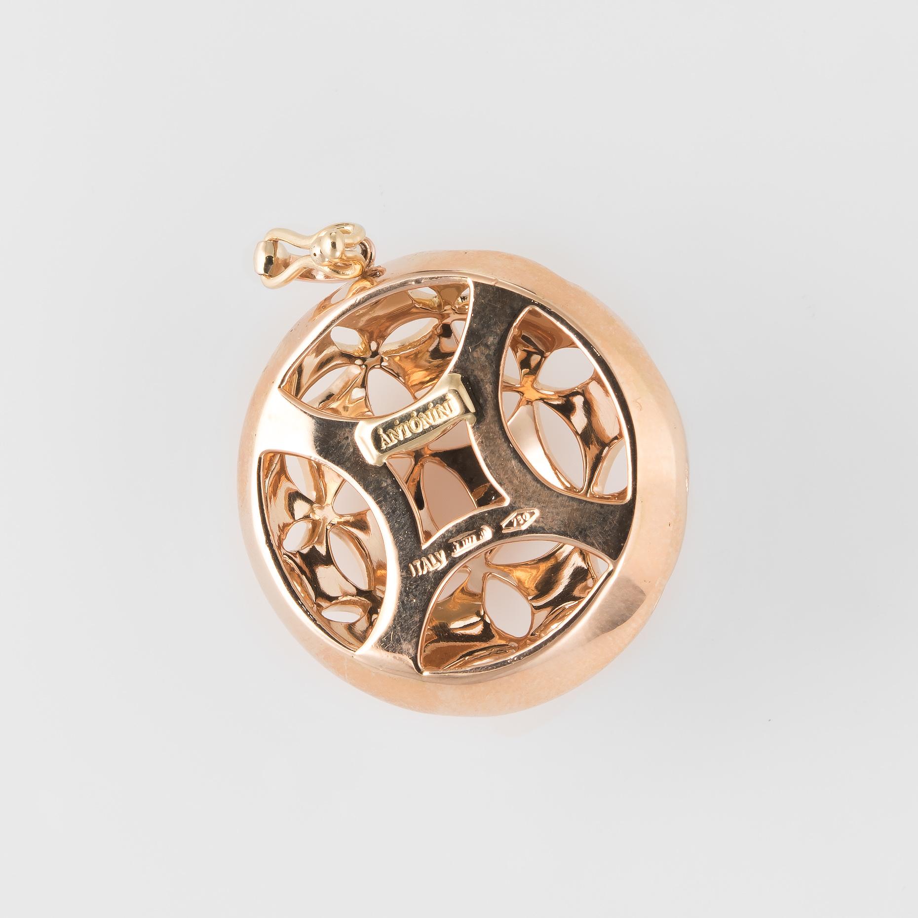 Finely detailed Antonini diamond pendant, crafted in 18 karat rose gold.  

6 diamonds adorn the bale and total an estimated 0.03 carats (estimated at G-H color and VS2 clarity).

Antonini is a famed Italian jeweler known for exotic and distinct