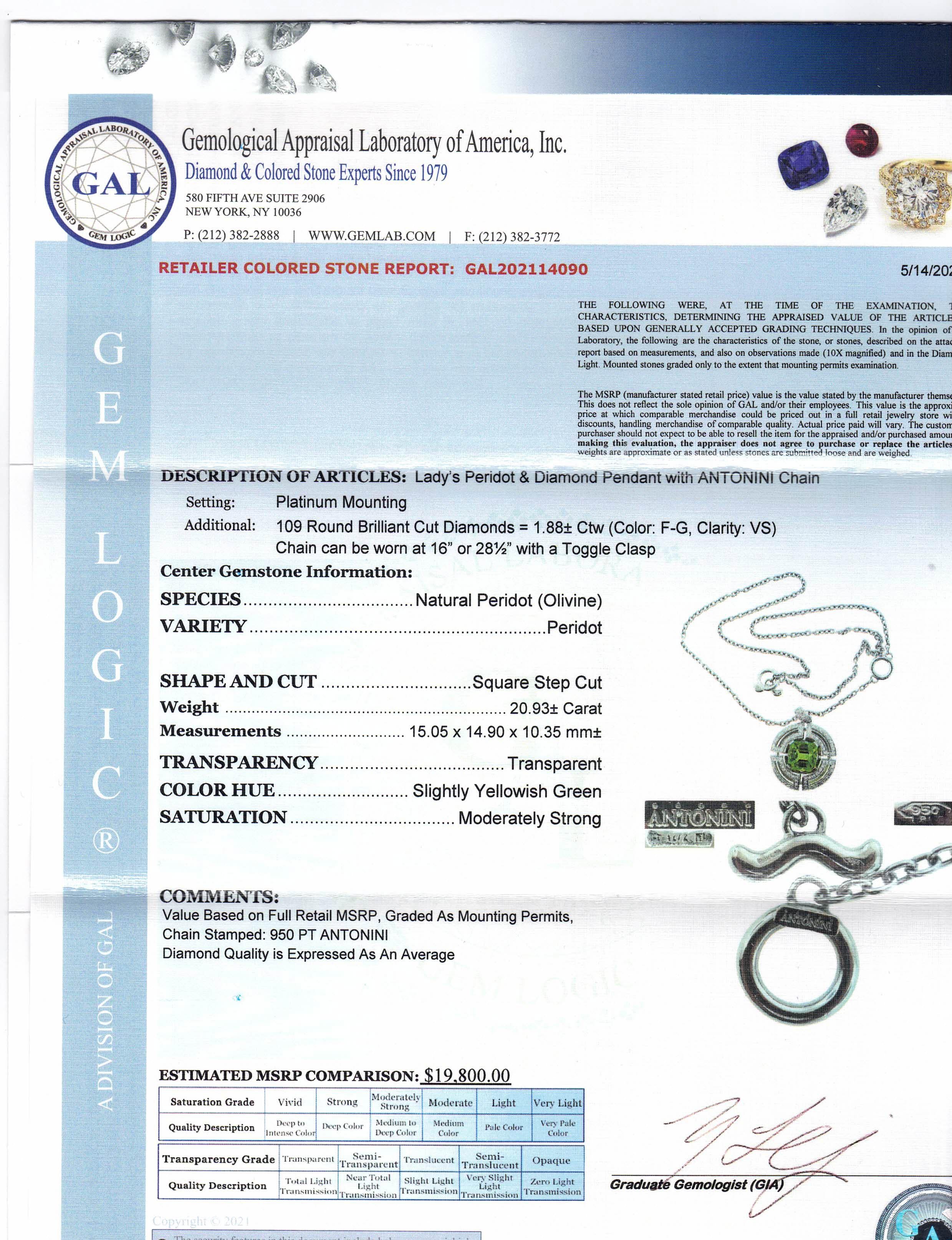 Antonini Gem Peridot Diamond Platinum Pendant Necklace For Sale 3
