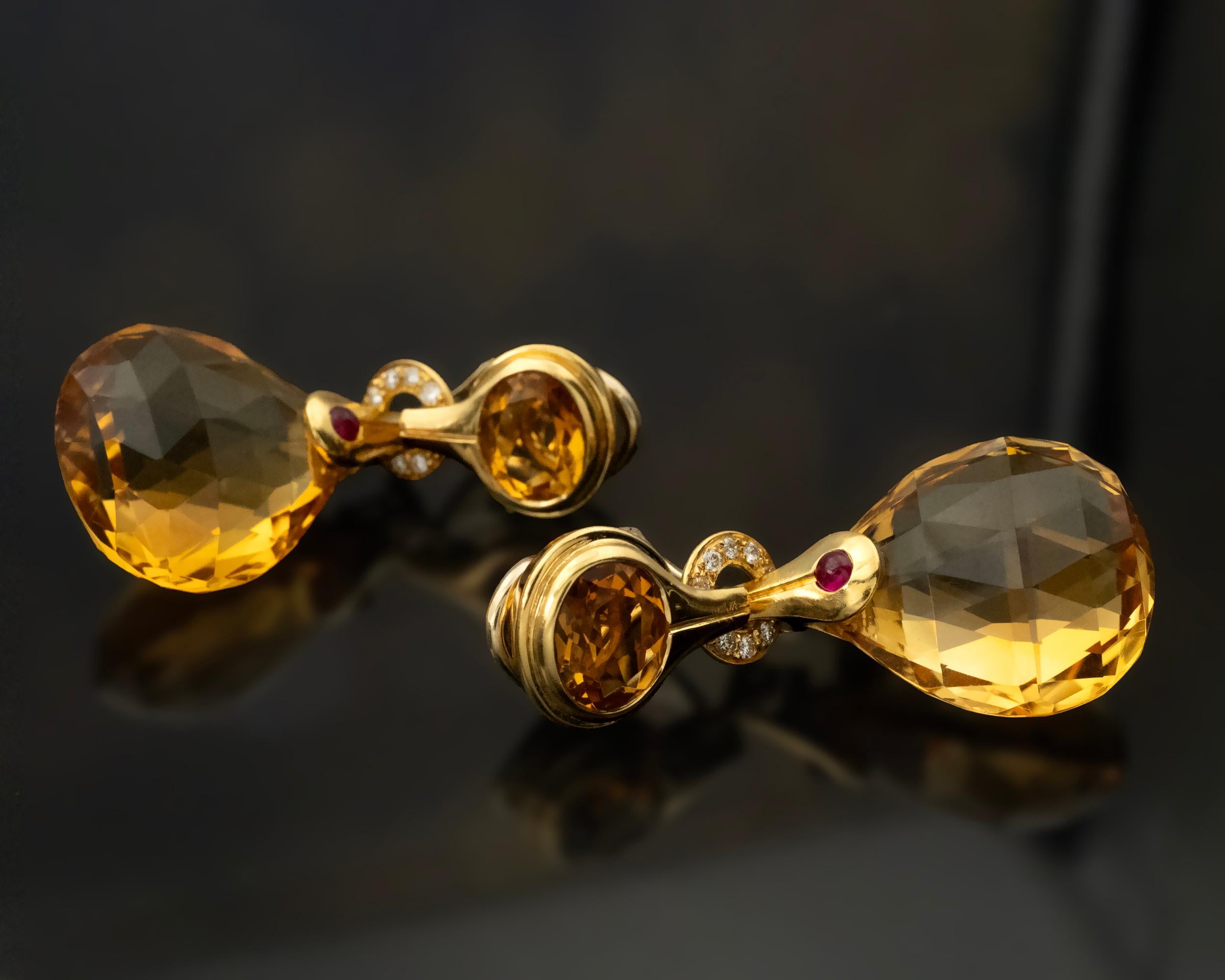 Briolette Cut Antonini Milano 18K Gold Citrine, Diamond & Ruby Drop Earrings – Madeira Collect For Sale
